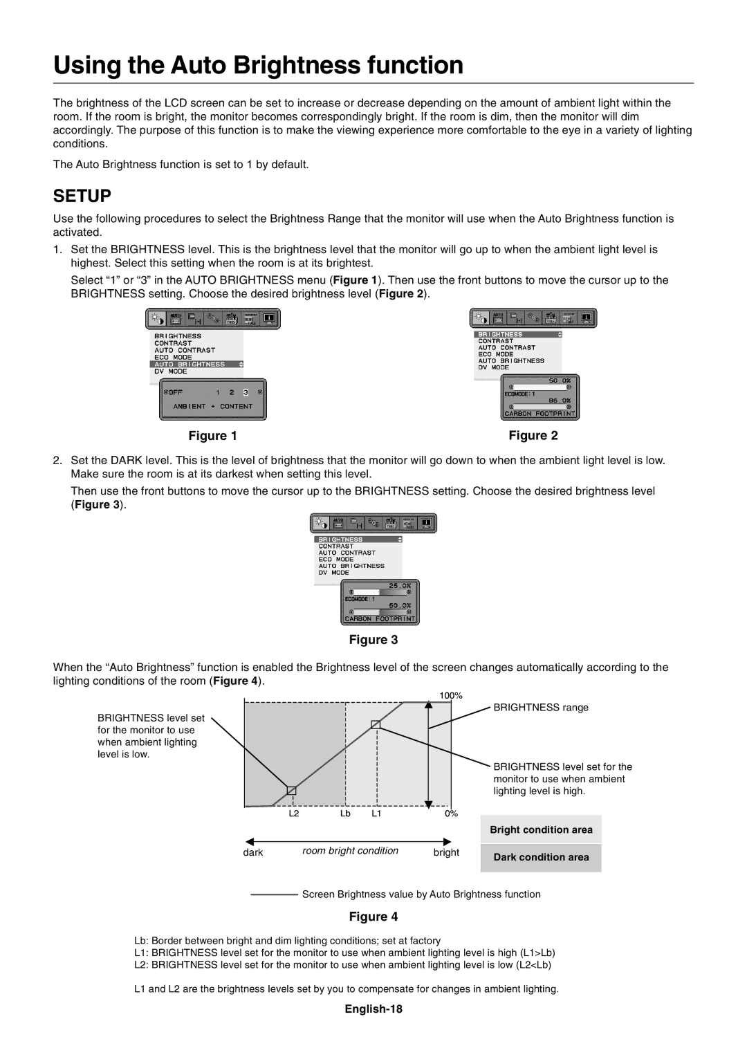 NEC EA232WMI user manual Using the Auto Brightness function, English-18 