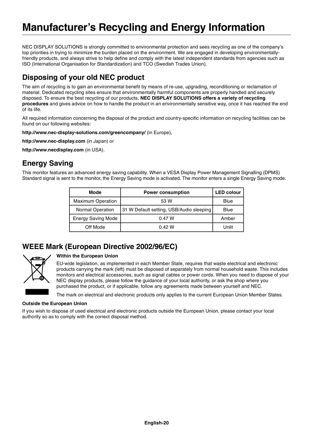 NEC EA232WMI user manual Manufacturer’s Recycling and Energy Information, Disposing of your old NEC product, Energy Saving 