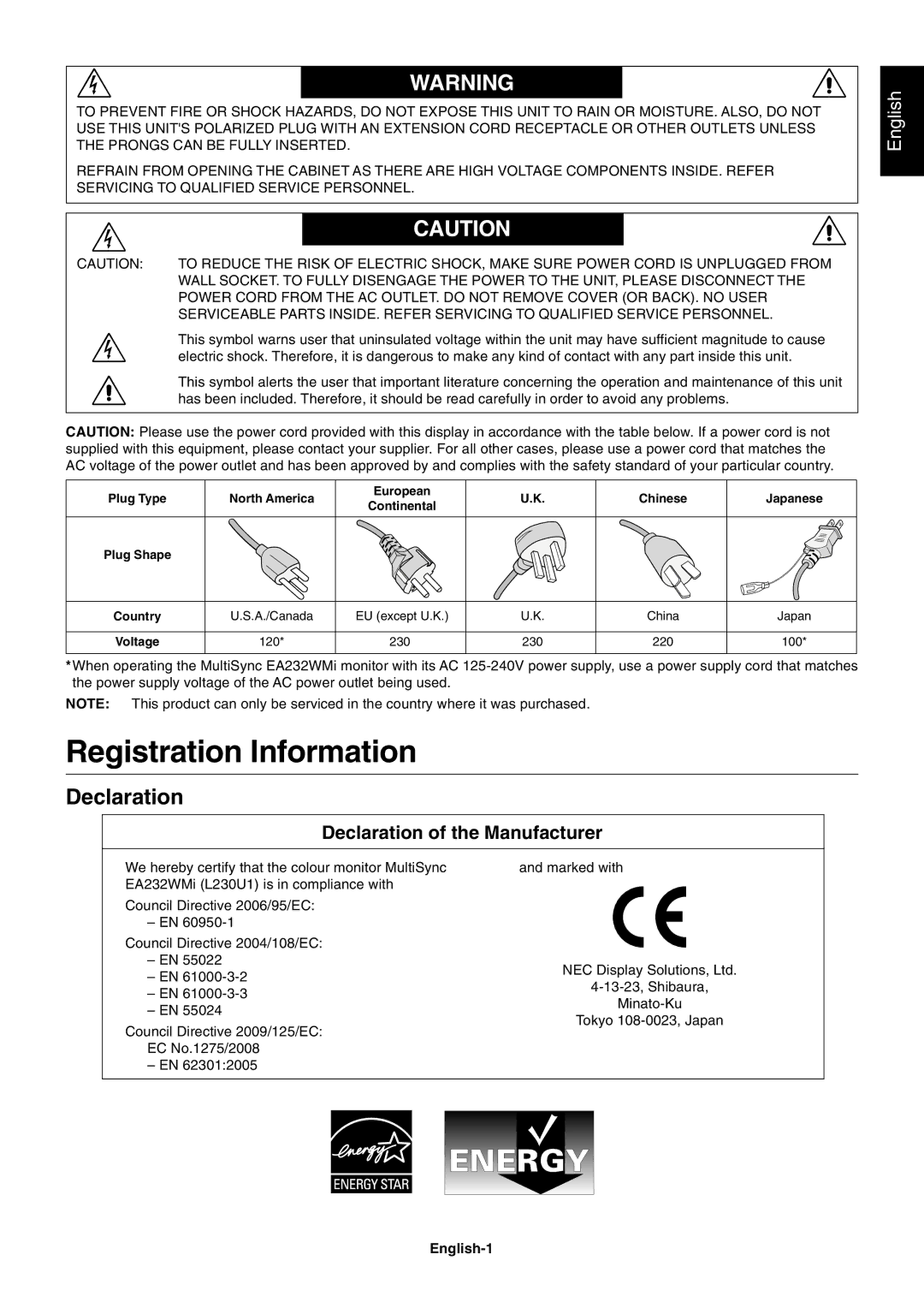 NEC EA232WMI user manual Registration Information, Declaration, English-1 