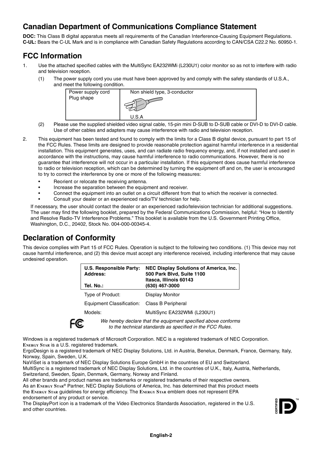 NEC EA232WMI Canadian Department of Communications Compliance Statement, FCC Information, Declaration of Conformity 