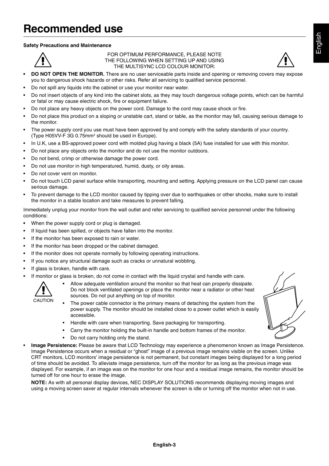 NEC EA232WMI user manual Recommended use, Safety Precautions and Maintenance, English-3 