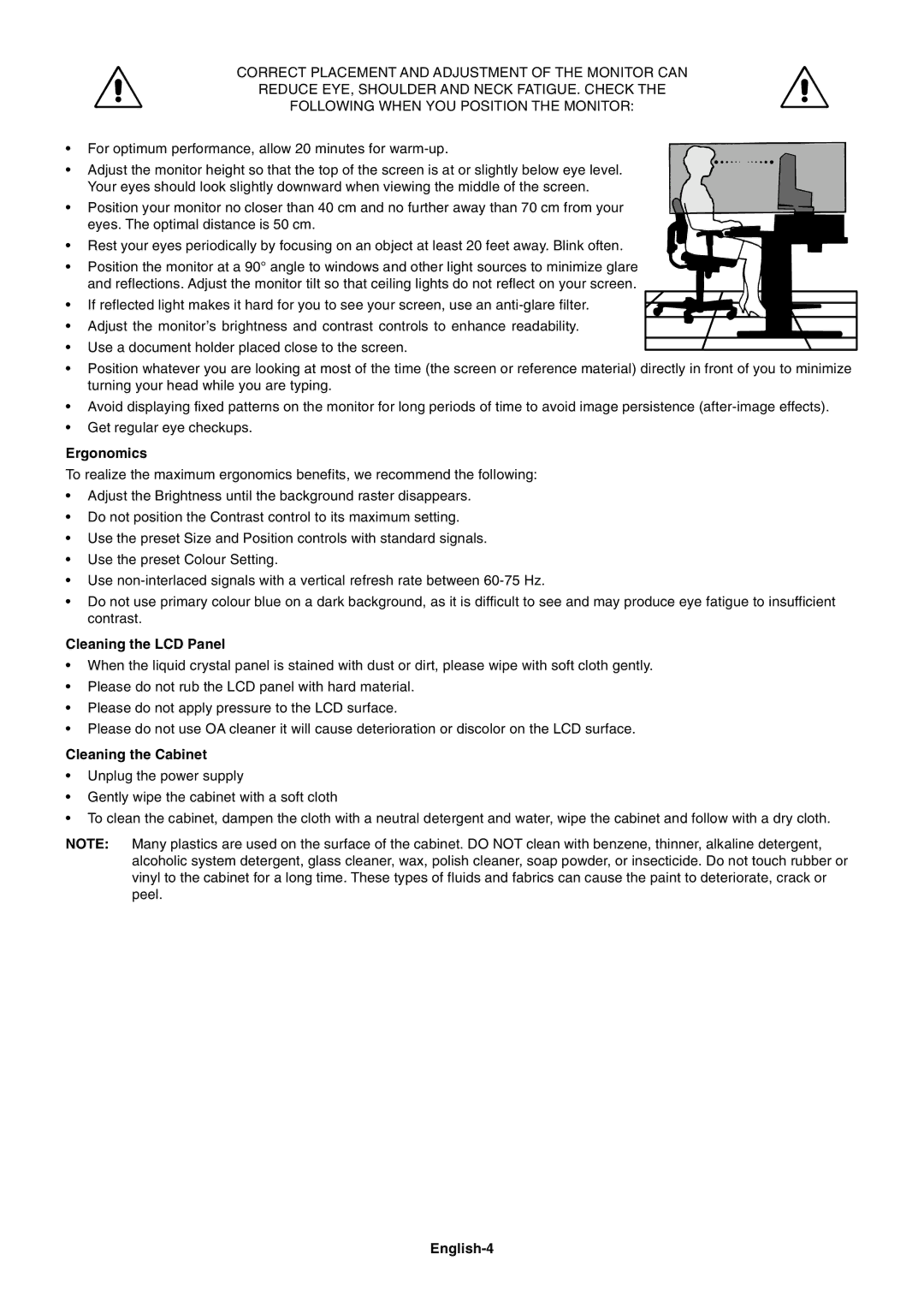 NEC EA232WMI user manual Ergonomics, Cleaning the LCD Panel, Cleaning the Cabinet, English-4 