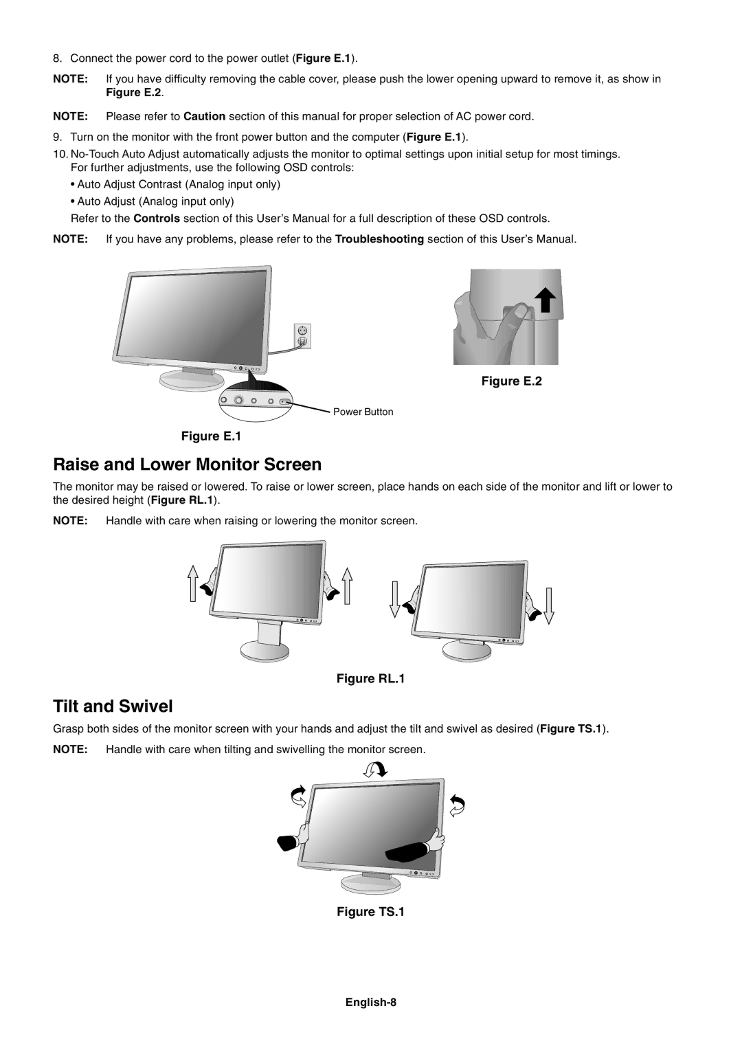 NEC EA241WM user manual Raise and Lower Monitor Screen, Tilt and Swivel, English-8 