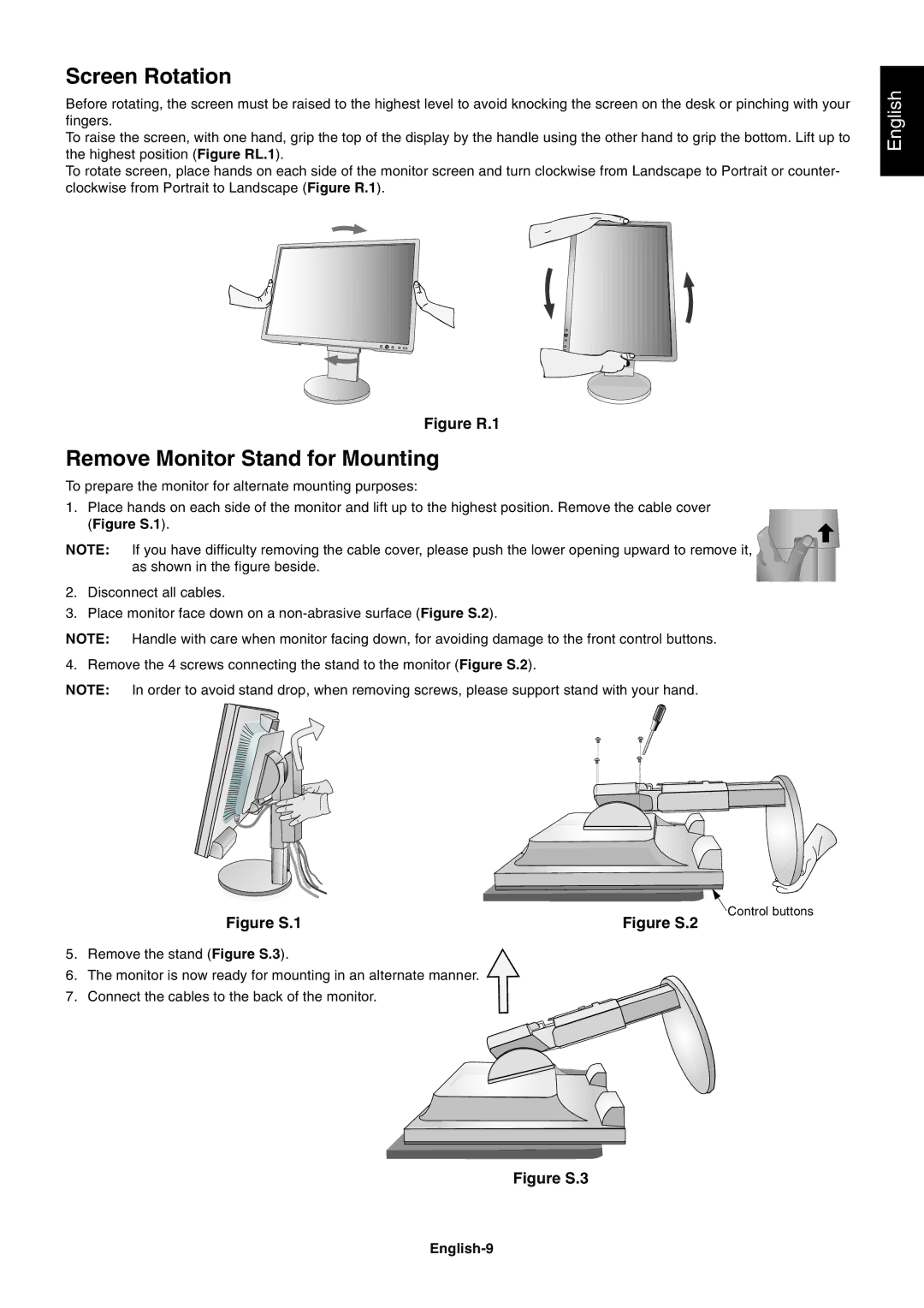 NEC EA241WM user manual Screen Rotation, Remove Monitor Stand for Mounting, English-9 