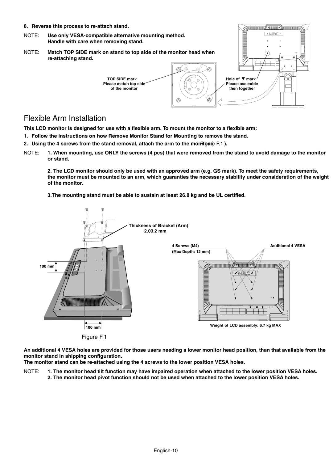 NEC EA241WM user manual Flexible Arm Installation, English-10 