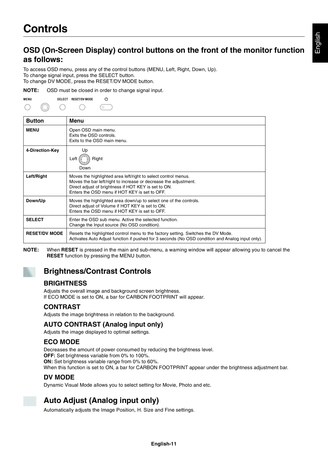 NEC EA241WM user manual Brightness/Contrast Controls, Auto Adjust Analog input only, English-11 