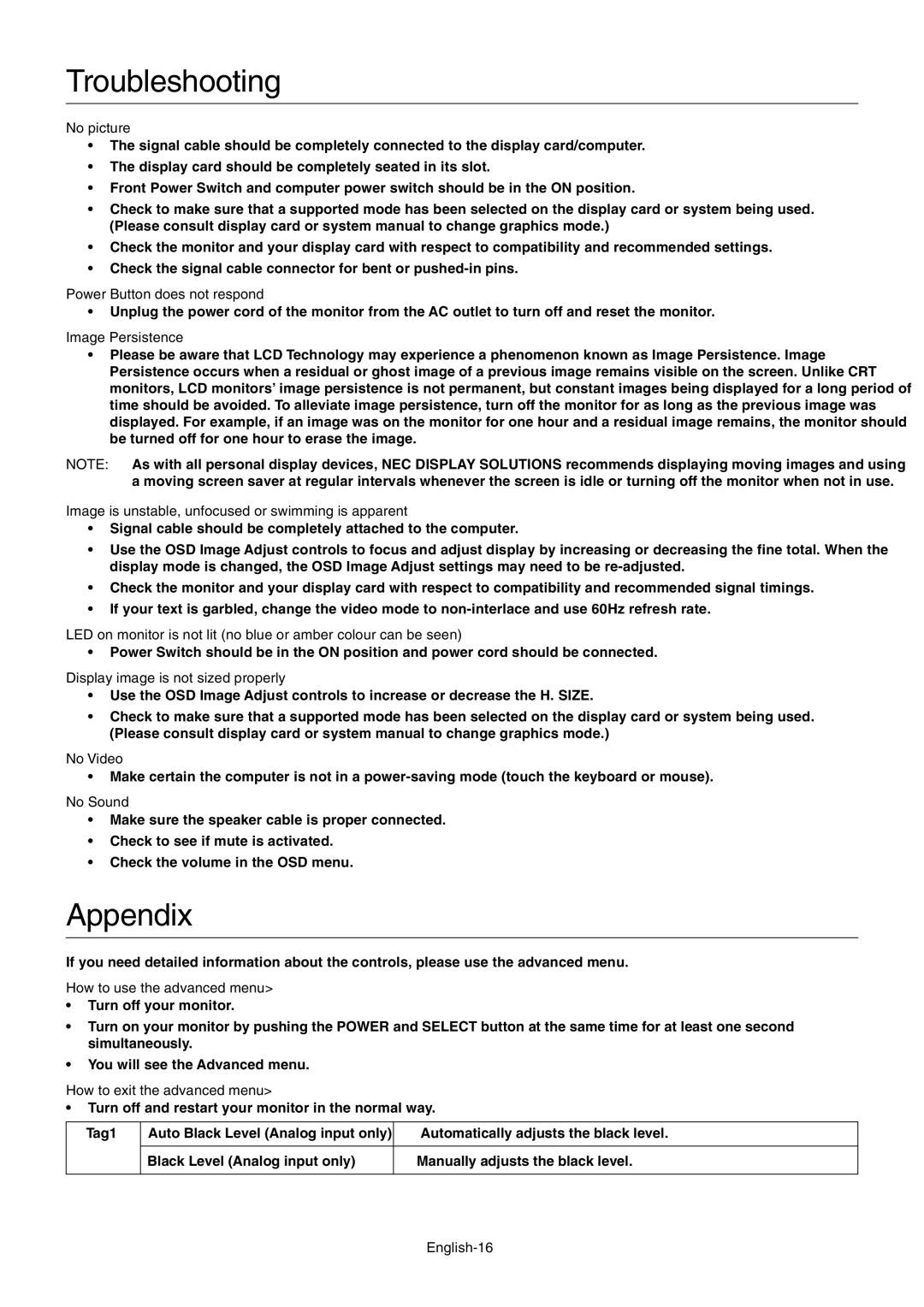 NEC EA241WM user manual Troubleshooting, Appendix 