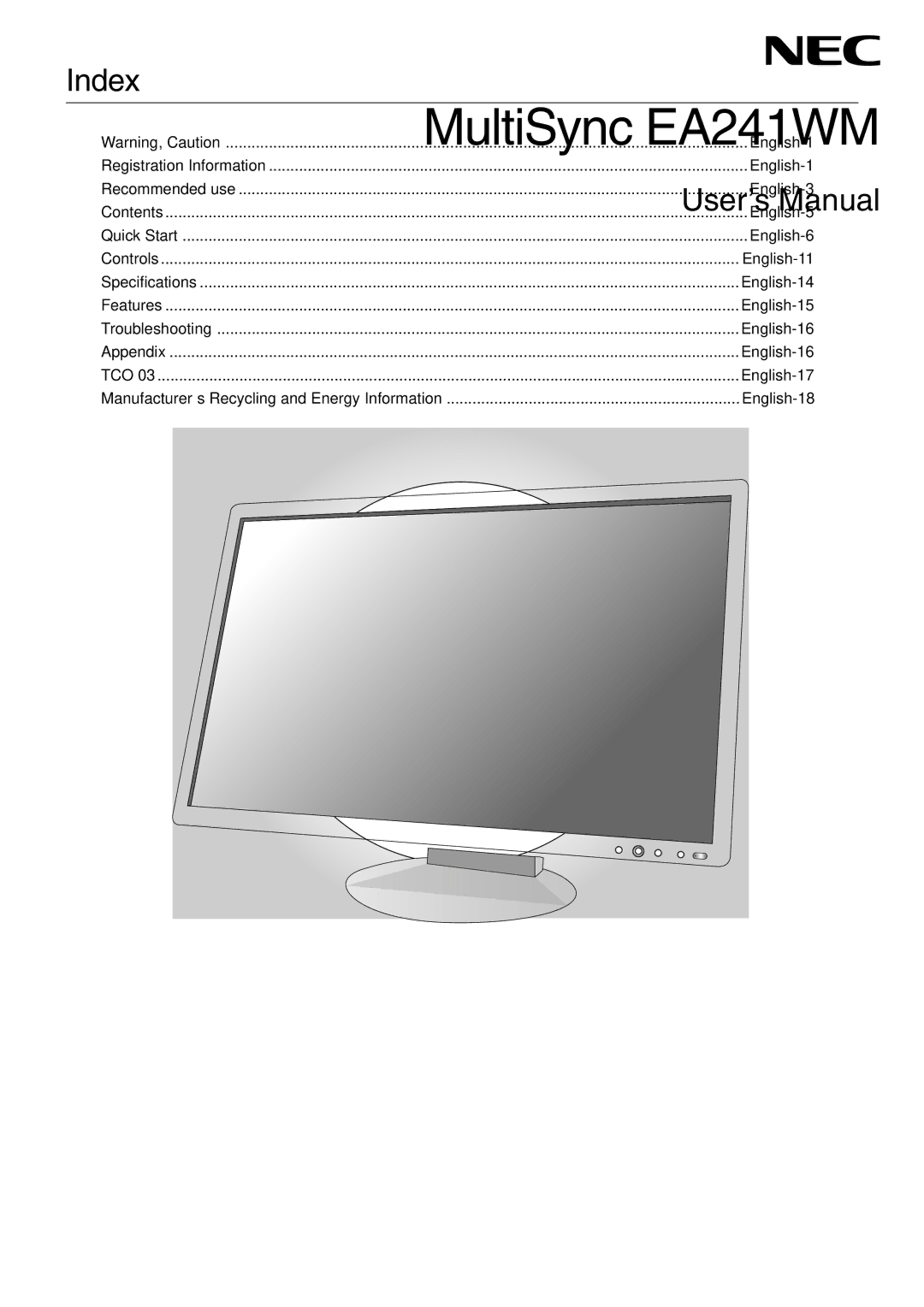 NEC EA241WM user manual Index, English-18 