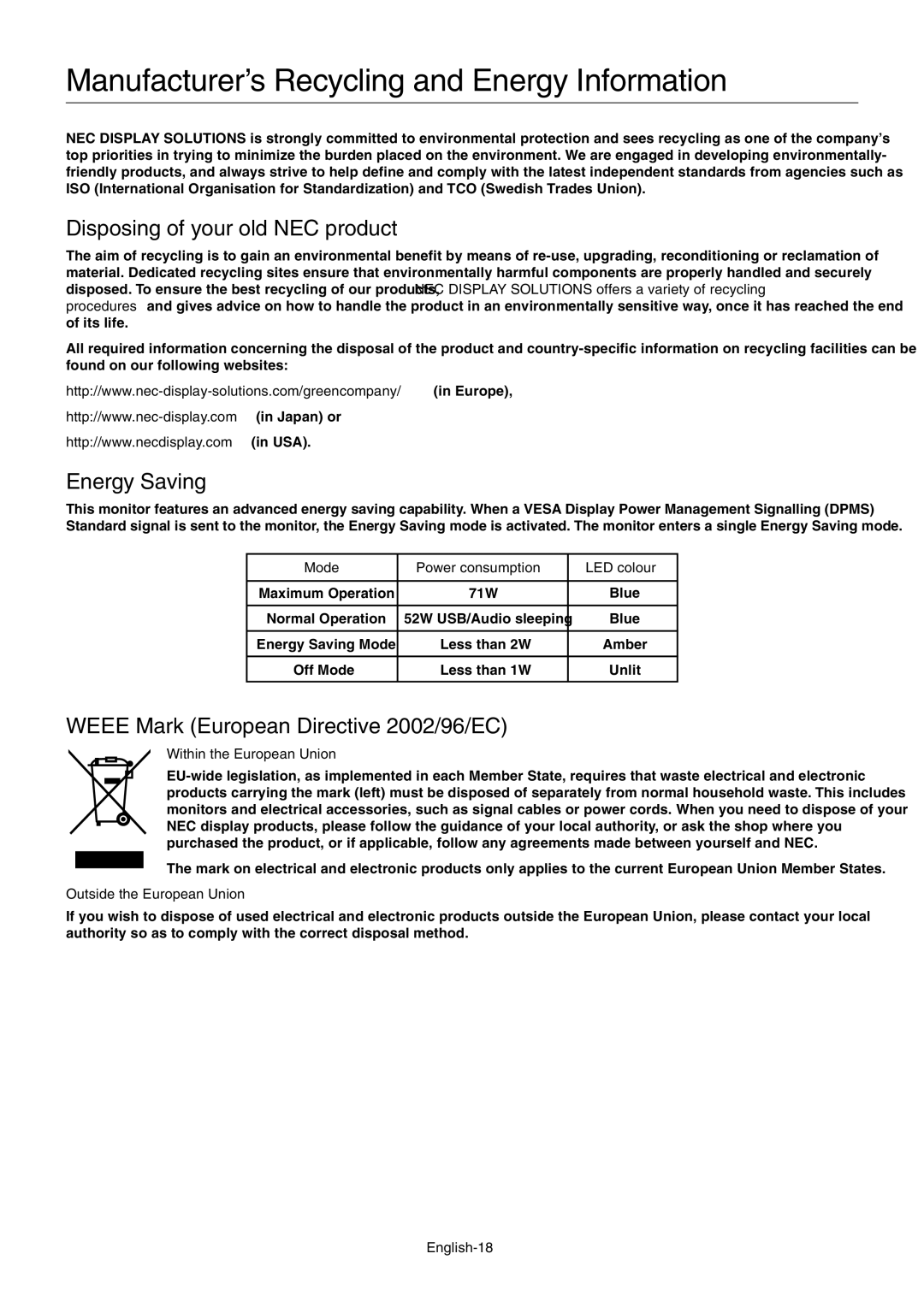 NEC EA241WM user manual Manufacturer’s Recycling and Energy Information, Disposing of your old NEC product, Energy Saving 