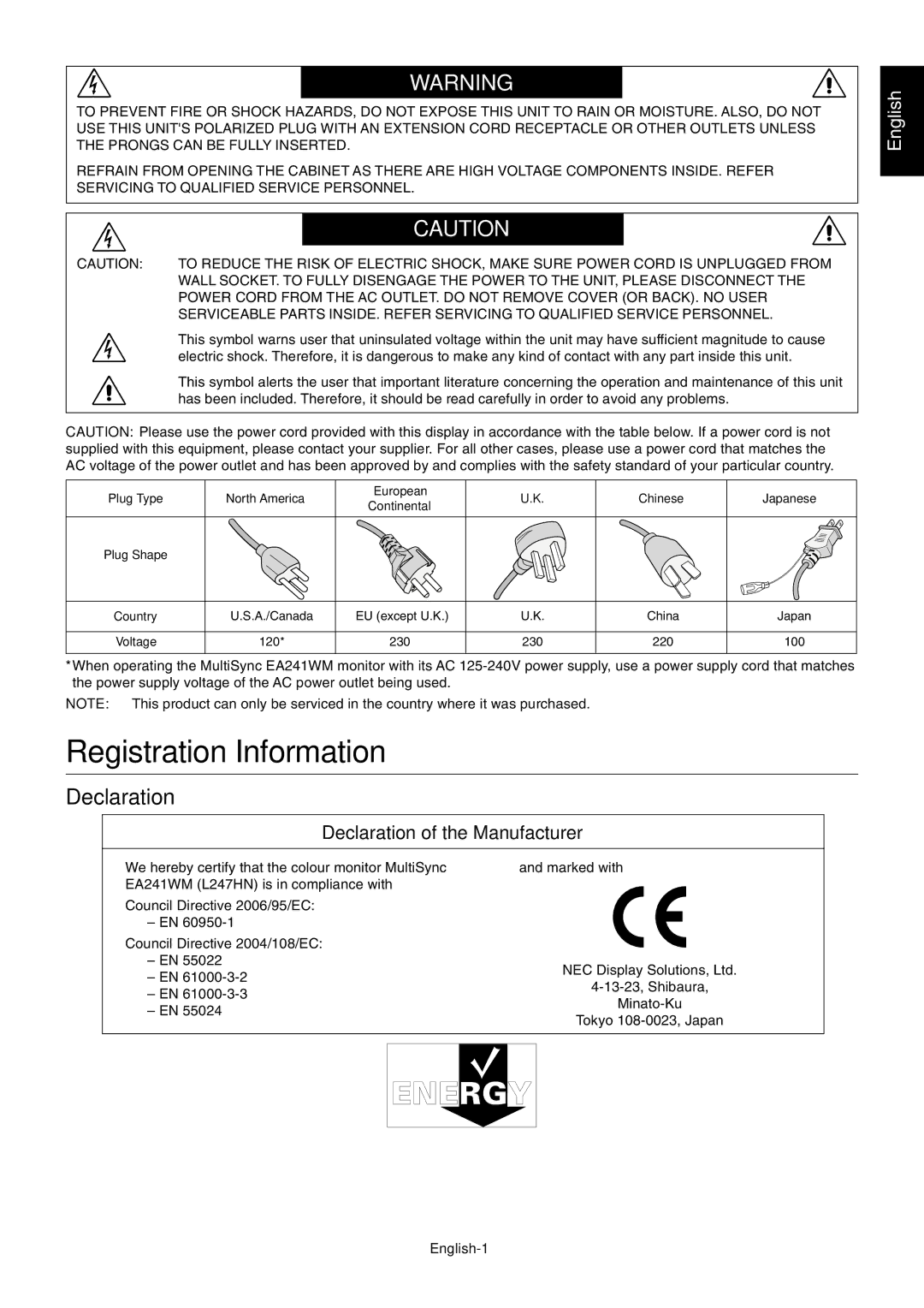 NEC EA241WM user manual Registration Information, Declaration, English-1 