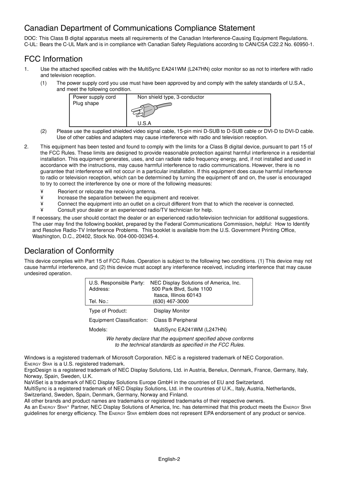 NEC EA241WM Canadian Department of Communications Compliance Statement, FCC Information, Declaration of Conformity 