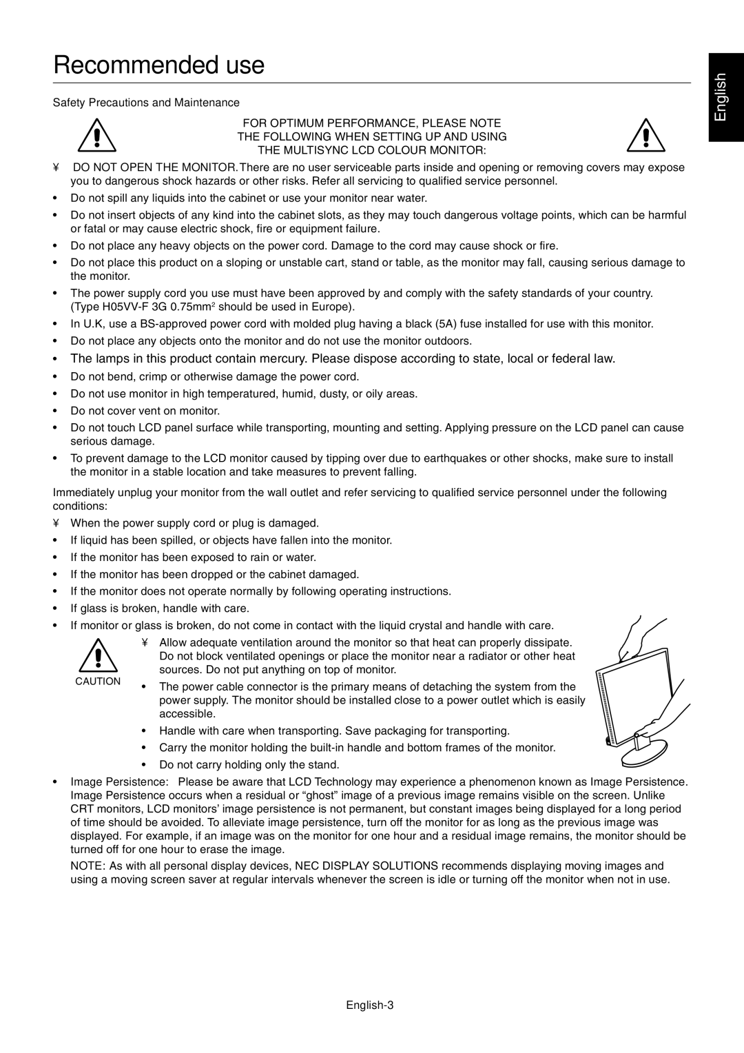 NEC EA241WM user manual Recommended use, Safety Precautions and Maintenance, English-3 