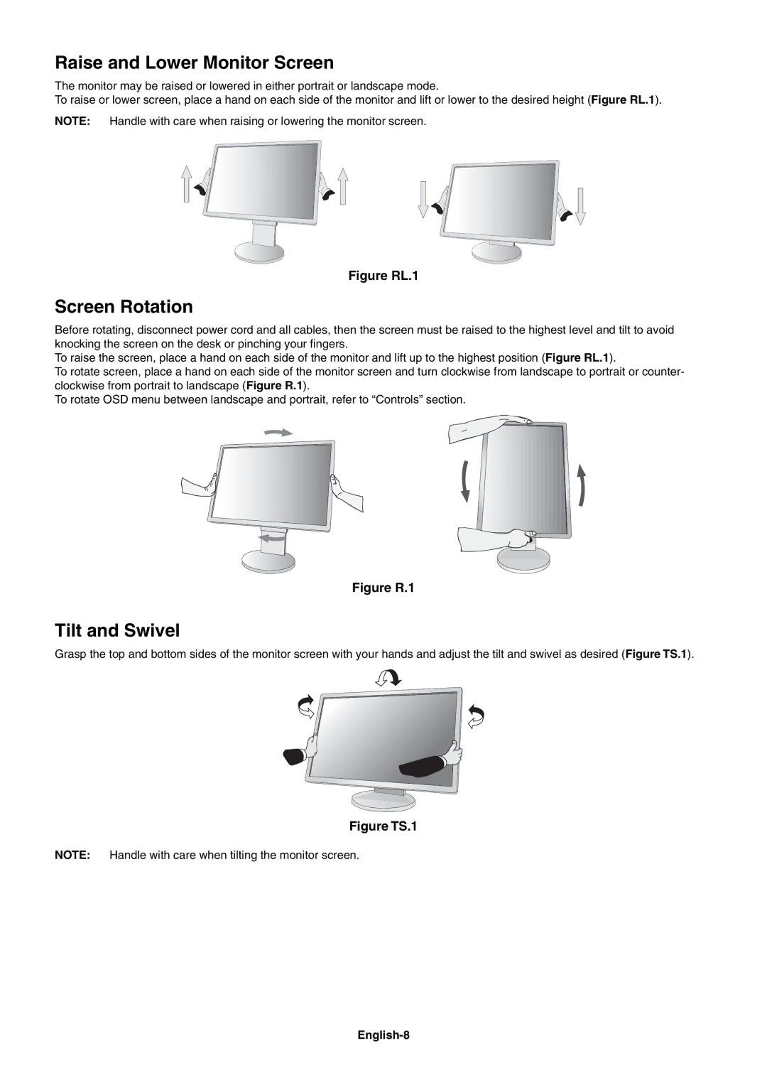 NEC EA243WM, EA273WM user manual Raise and Lower Monitor Screen, Screen Rotation, Tilt and Swivel, English-8 