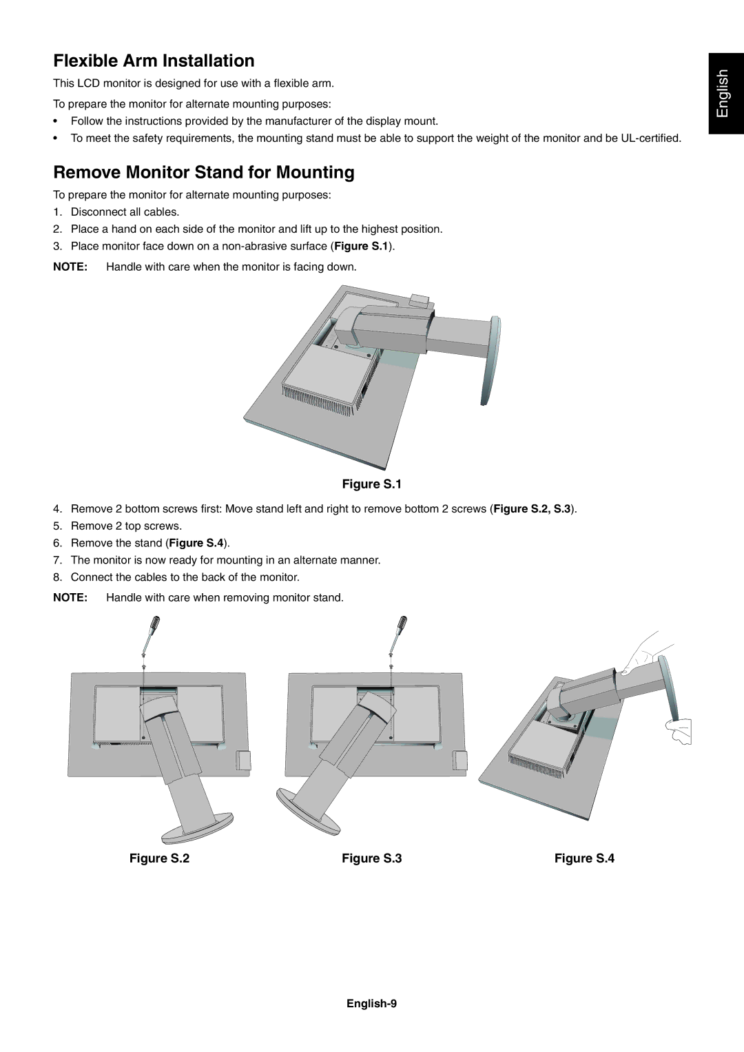 NEC EA273WM, EA243WM user manual Flexible Arm Installation, Remove Monitor Stand for Mounting, English-9 