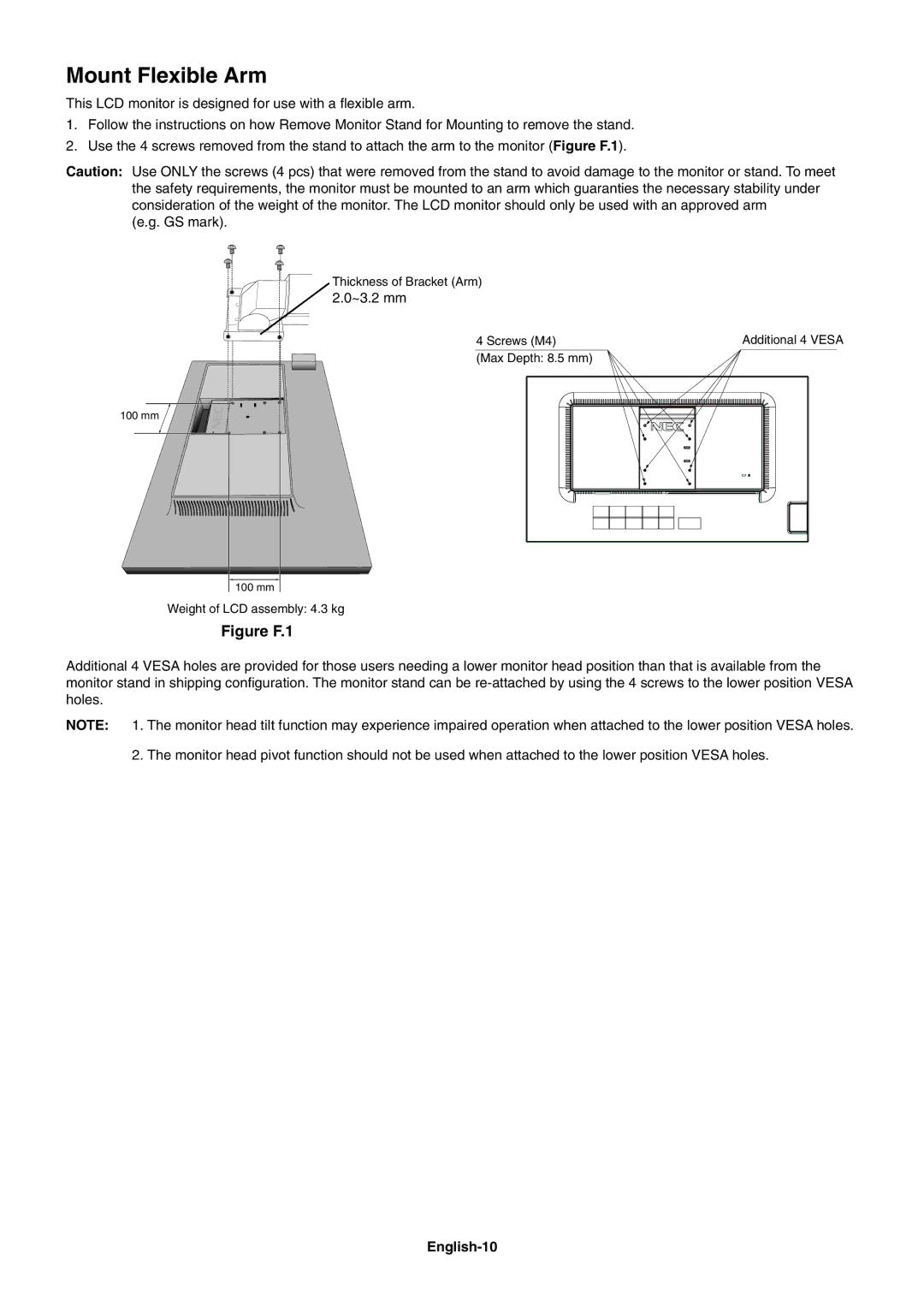 NEC EA243WM, EA273WM user manual Mount Flexible Arm, English-10 