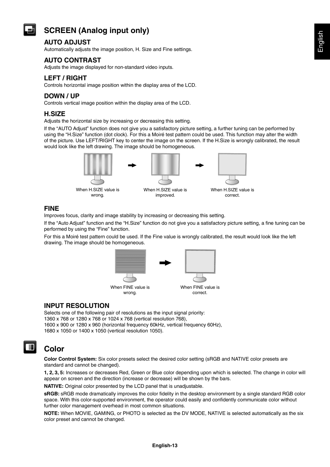 NEC EA273WM, EA243WM user manual Screen Analog input only, Color 