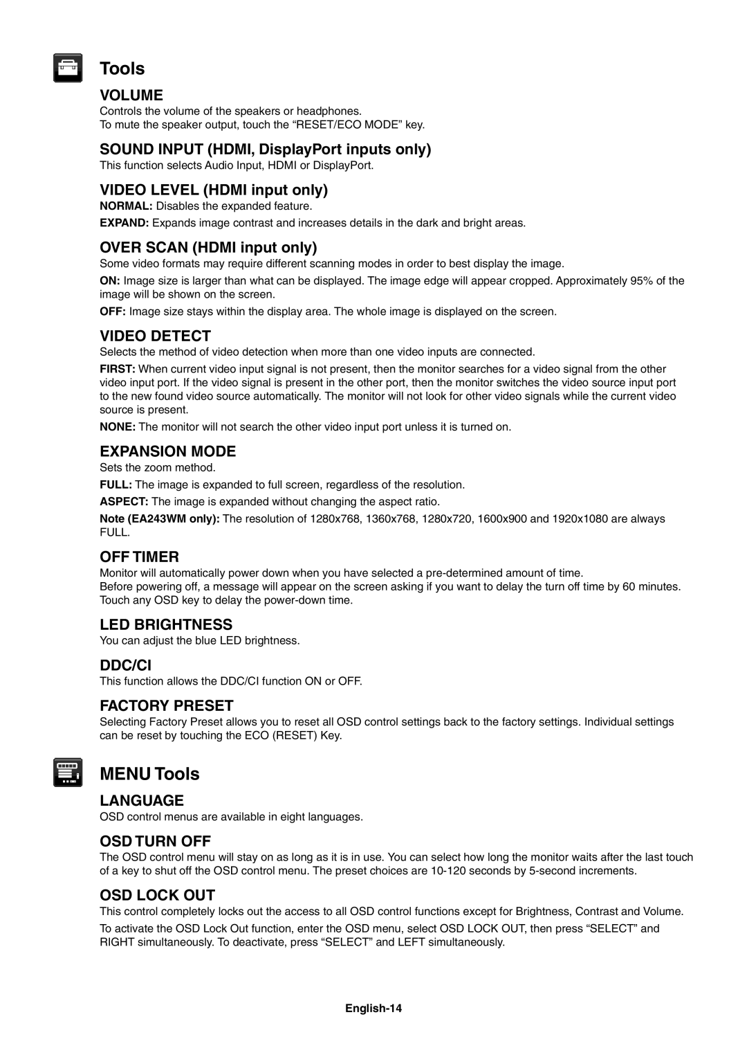 NEC EA243WM, EA273WM user manual Menu Tools 