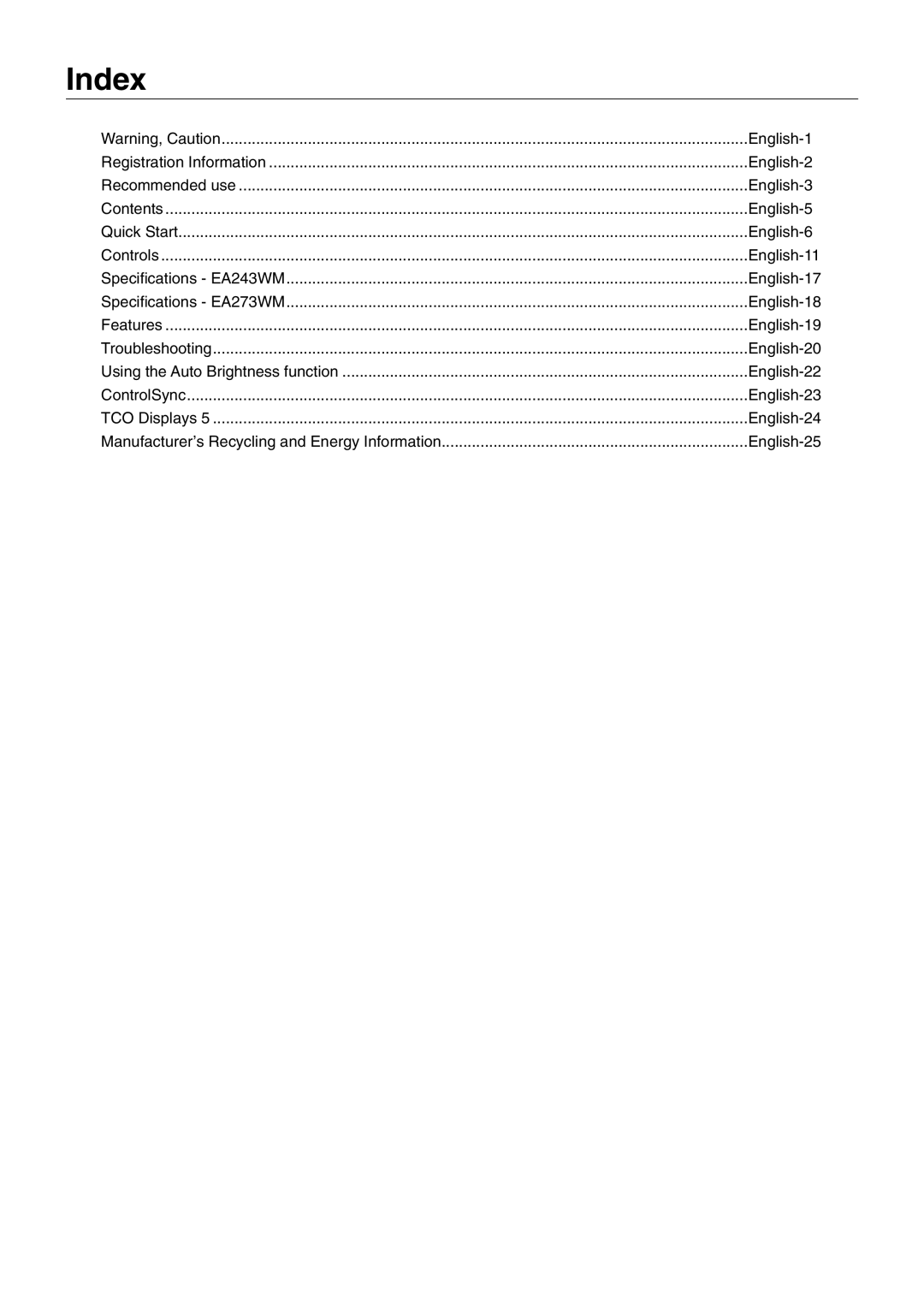 NEC EA243WM, EA273WM user manual Index, English-25 