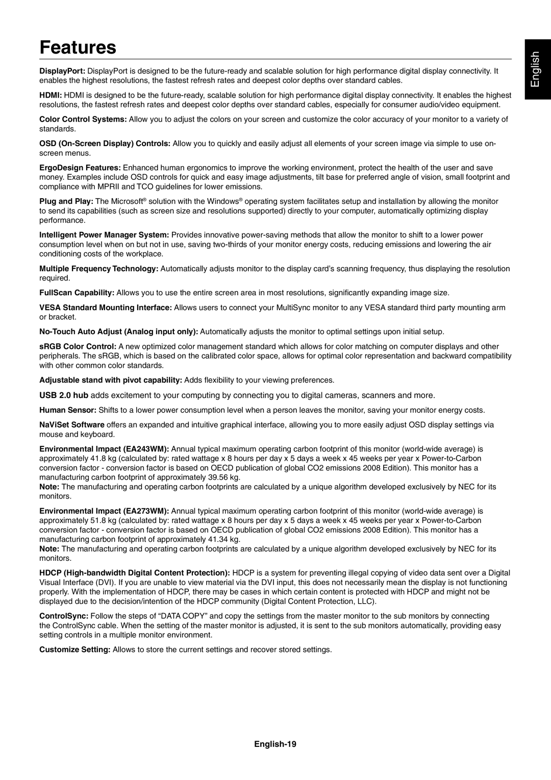 NEC EA273WM, EA243WM user manual Features, English-19 