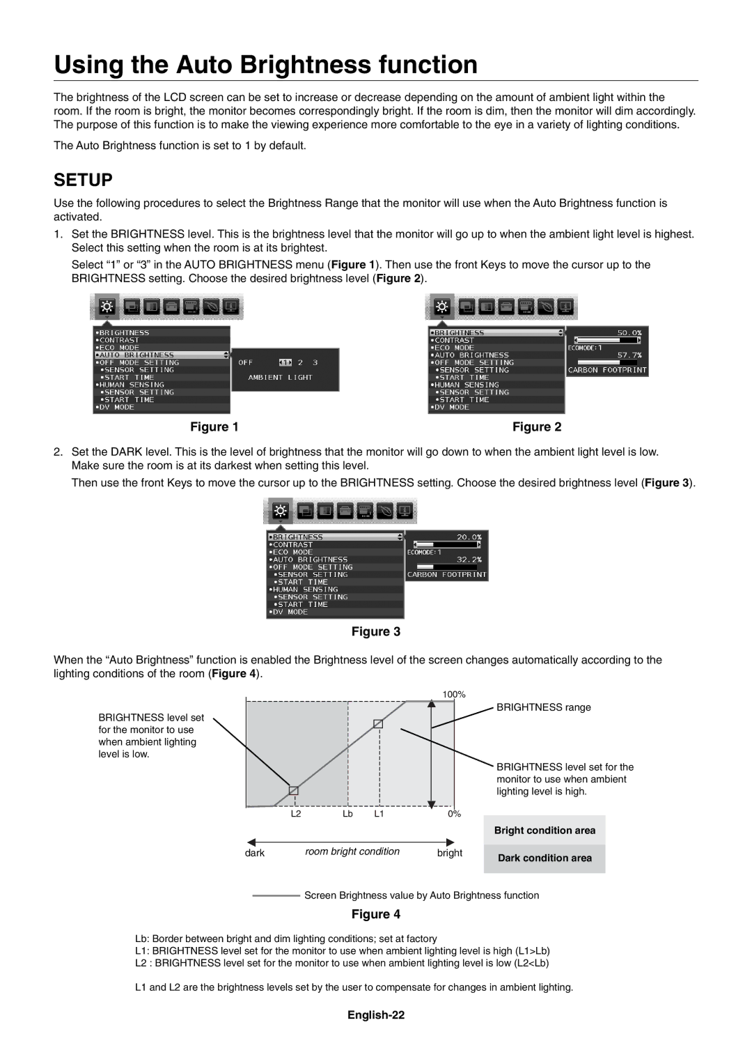 NEC EA243WM, EA273WM user manual Using the Auto Brightness function, English-22 