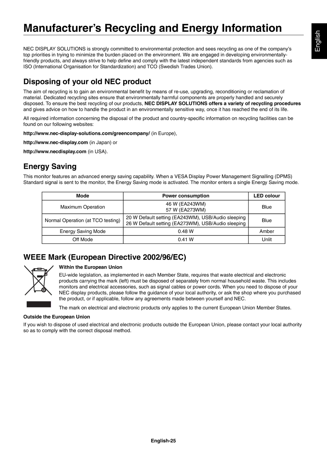 NEC EA273WM, EA243WM Manufacturer’s Recycling and Energy Information, Disposing of your old NEC product, Energy Saving 