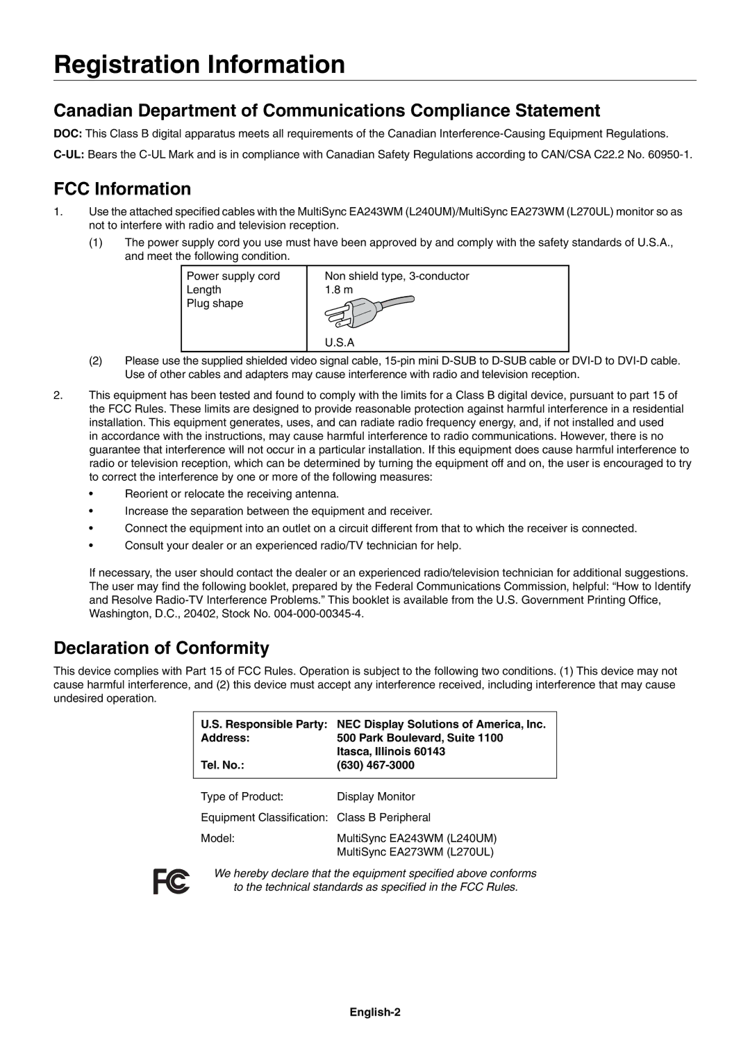 NEC EA243WM, EA273WM Registration Information, Canadian Department of Communications Compliance Statement, FCC Information 