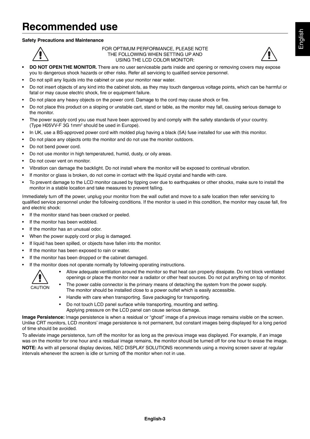 NEC EA273WM, EA243WM user manual Recommended use, Safety Precautions and Maintenance, English-3 