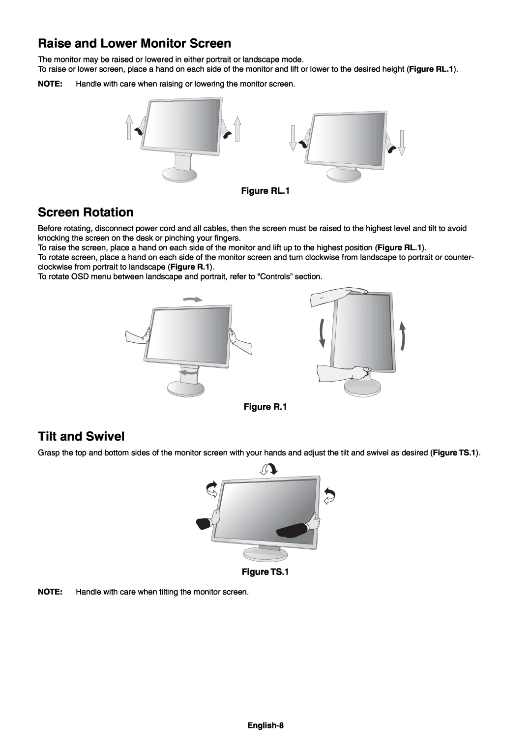 NEC EA244WMI-BK Raise and Lower Monitor Screen, Screen Rotation, Tilt and Swivel, Figure RL.1, Figure R.1, Figure TS.1 