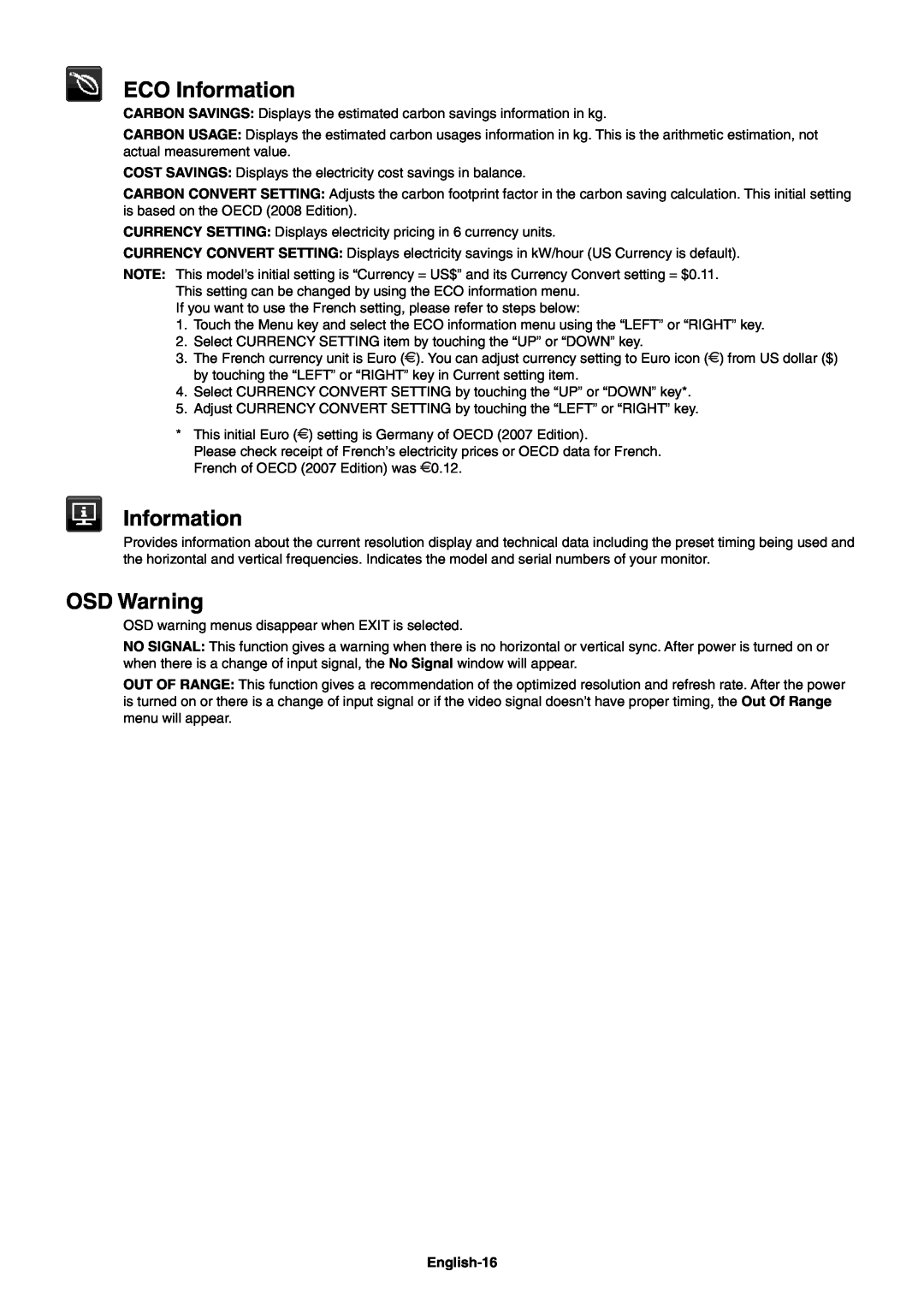 NEC EA244WMI-BK user manual ECO Information, OSD Warning, English-16 