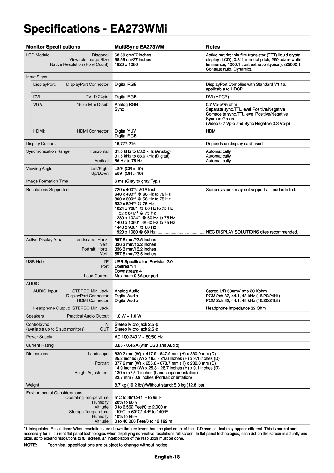 NEC EA244WMI-BK user manual Speciﬁcations - EA273WMi, Monitor Speciﬁcations, MultiSync EA273WMi, English-18 