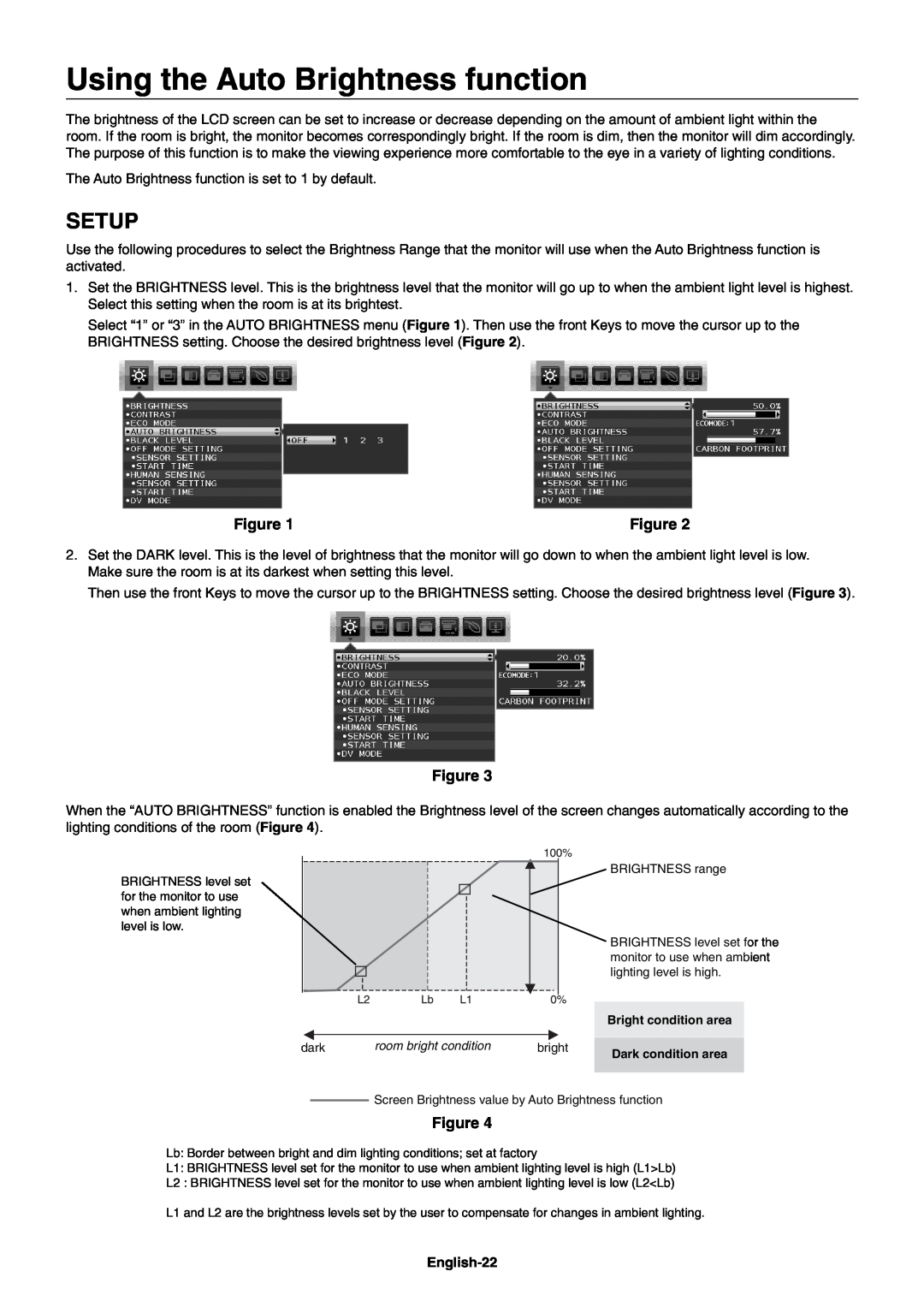 NEC EA244WMI-BK user manual Using the Auto Brightness function, Setup, English-22 