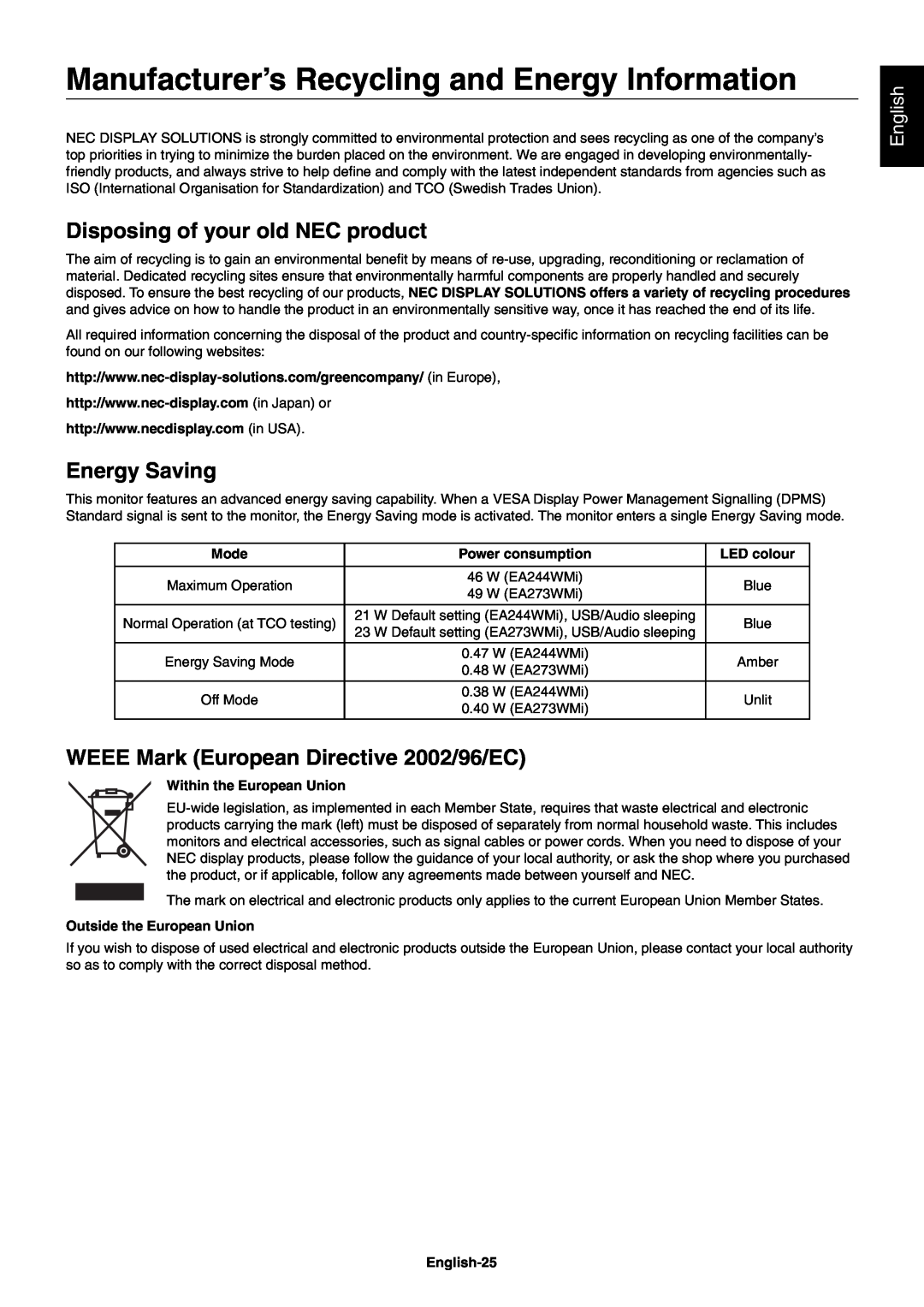NEC EA244WMI-BK Manufacturer’s Recycling and Energy Information, Disposing of your old NEC product, Energy Saving, English 