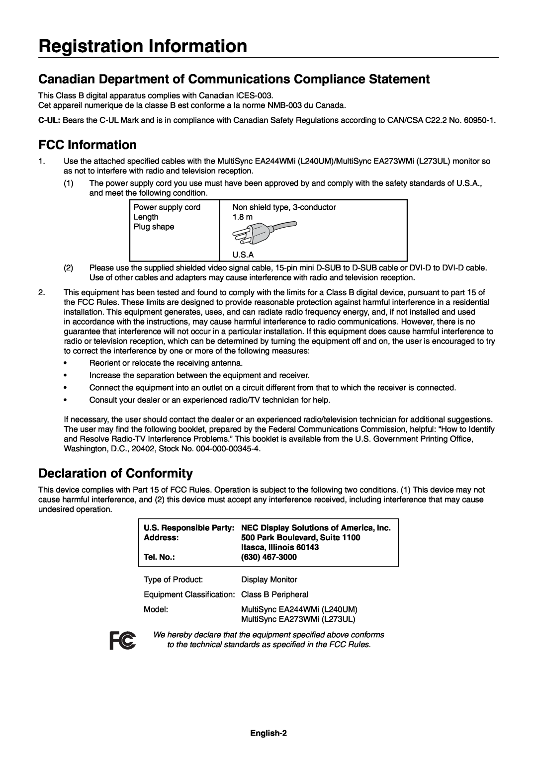 NEC EA244WMI-BK Registration Information, FCC Information, Declaration of Conformity, Address, Park Boulevard, Suite 