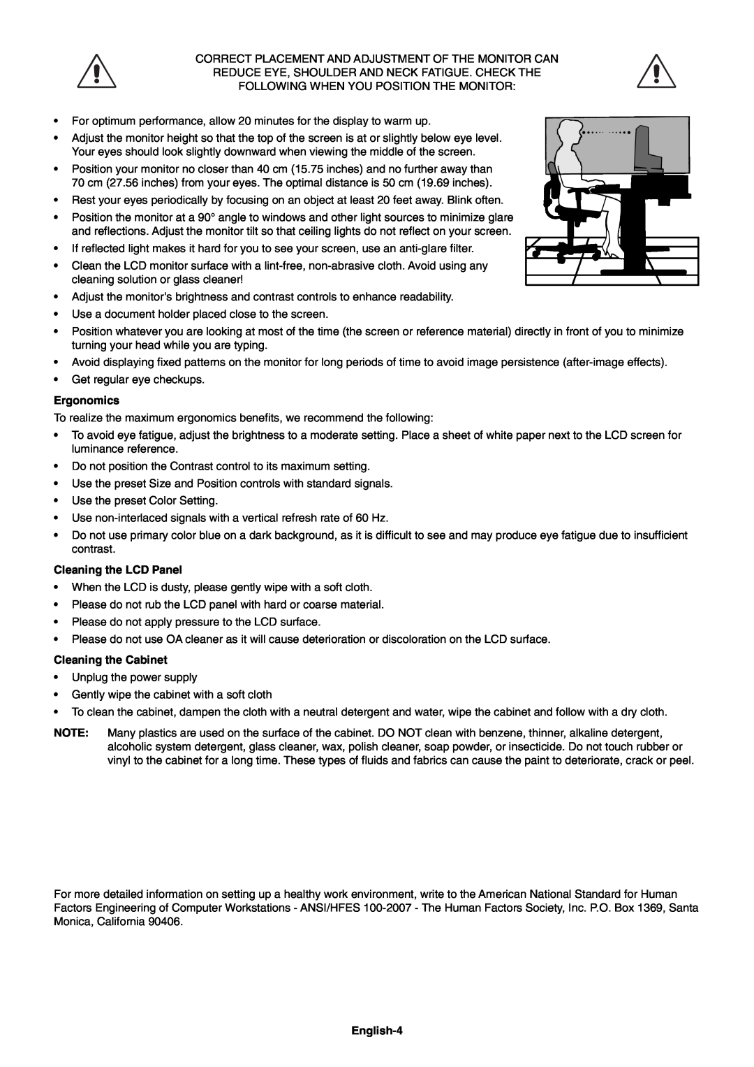 NEC EA244WMI-BK user manual Ergonomics, Cleaning the LCD Panel, Cleaning the Cabinet, English-4 