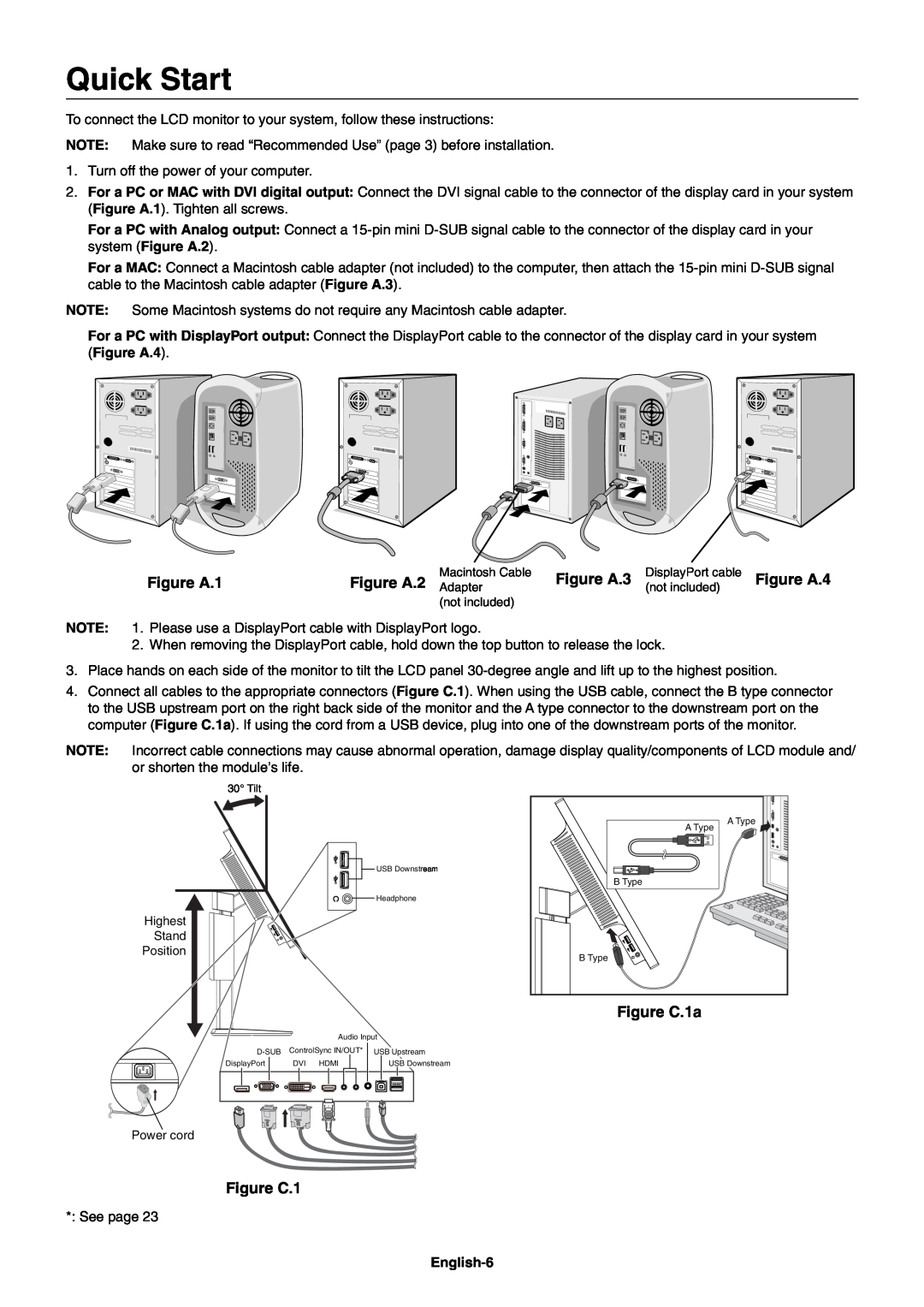 NEC EA244WMI-BK user manual Quick Start, Figure A.3, Figure A.4, Figure A.1, Figure A.2 Adapter, Figure C.1a, English-6 