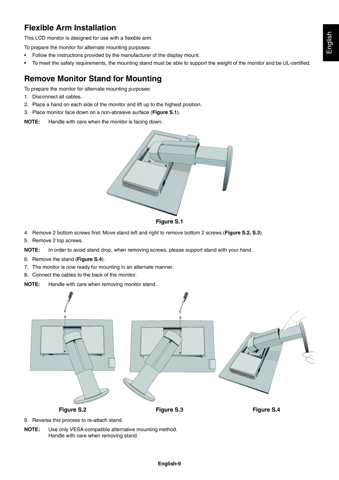 NEC EA244WMI-BK user manual Flexible Arm Installation, Remove Monitor Stand for Mounting, English-9 