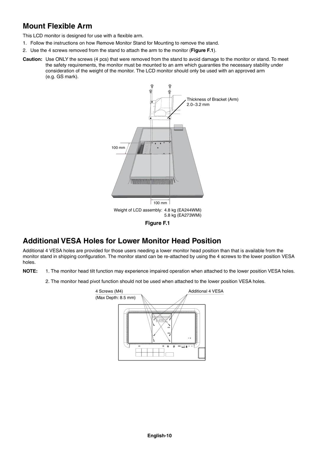 NEC EA244WMI-BK user manual Mount Flexible Arm, Additional Vesa Holes for Lower Monitor Head Position, English-10 