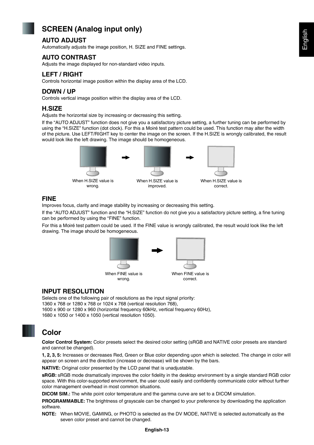 NEC EA244WMI-BK user manual Screen Analog input only, Color 