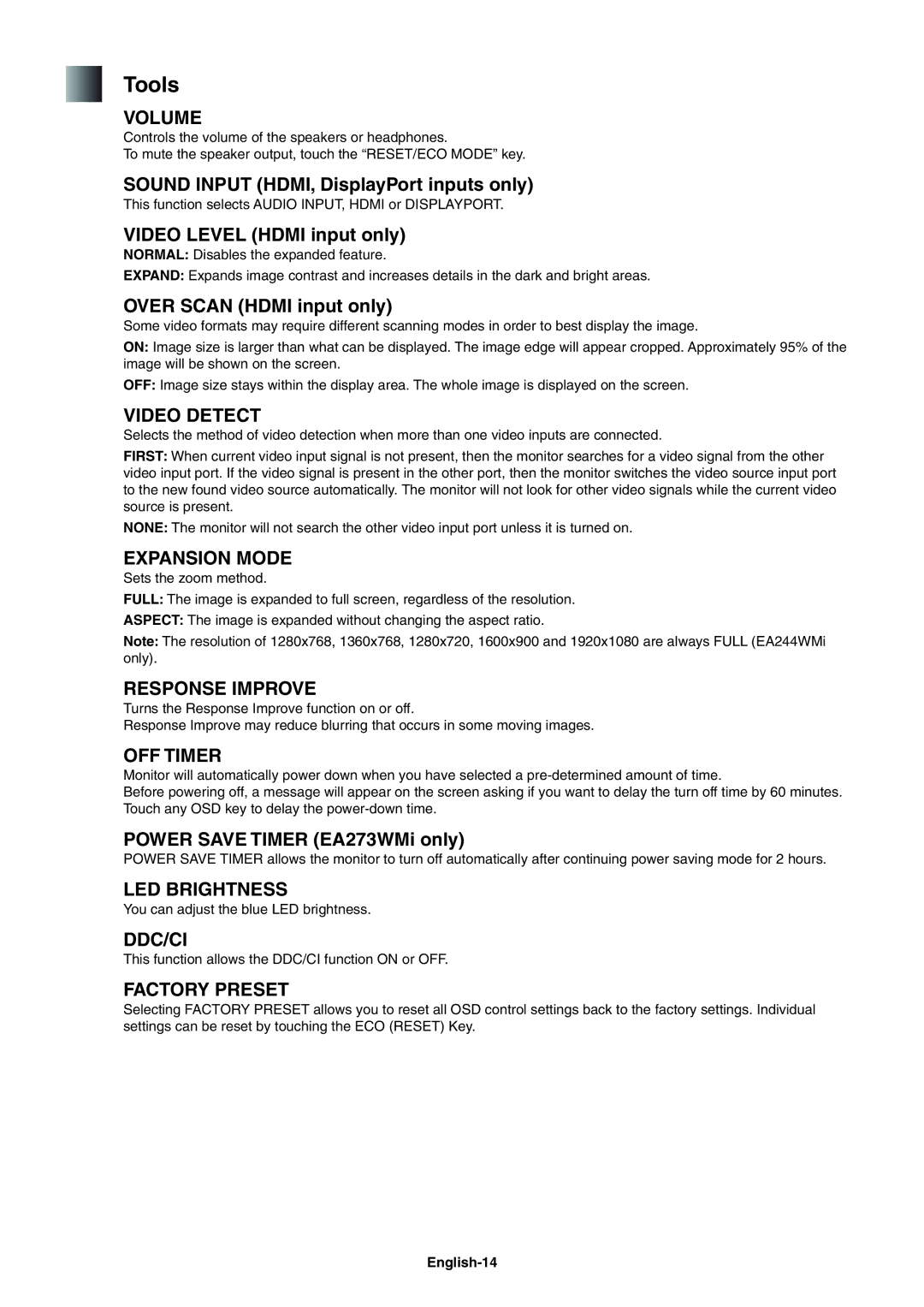 NEC EA244WMI-BK user manual Tools 