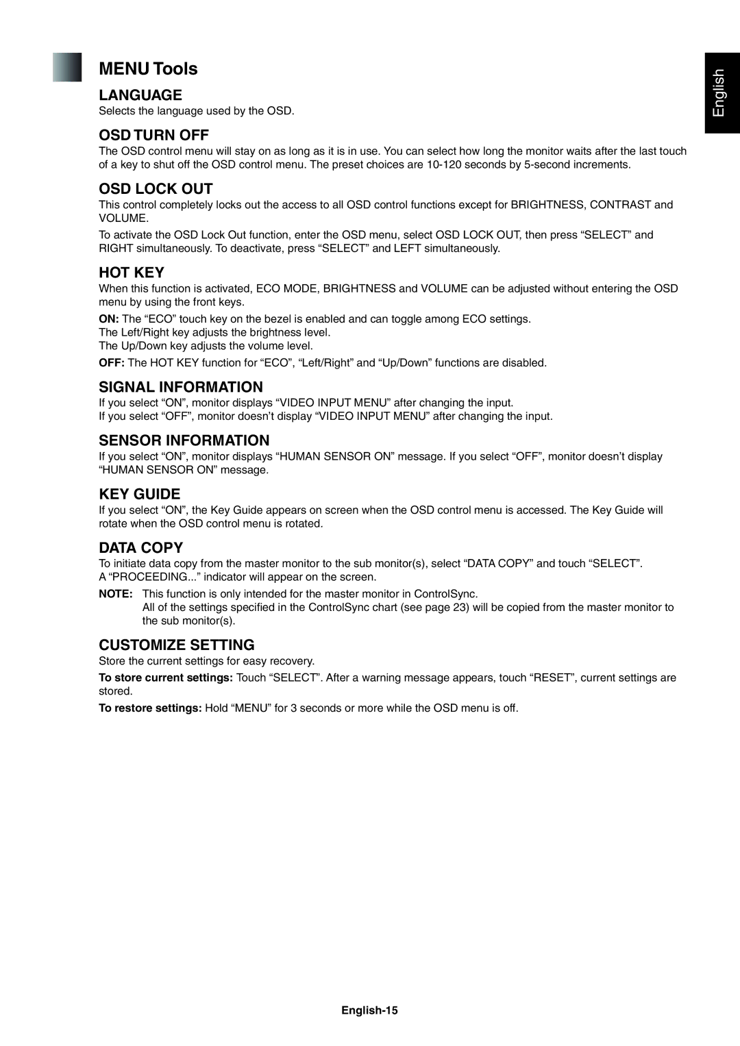 NEC EA244WMI-BK user manual Menu Tools 