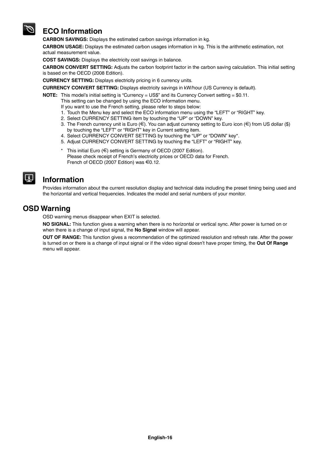 NEC EA244WMI-BK user manual ECO Information, OSD Warning, English-16 