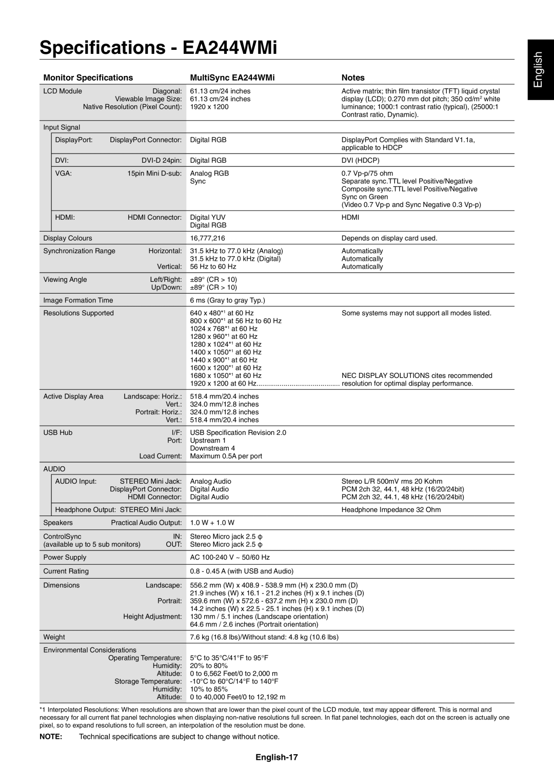 NEC EA244WMI-BK user manual Speciﬁcations EA244WMi, Monitor Speciﬁcations MultiSync EA244WMi, English-17 