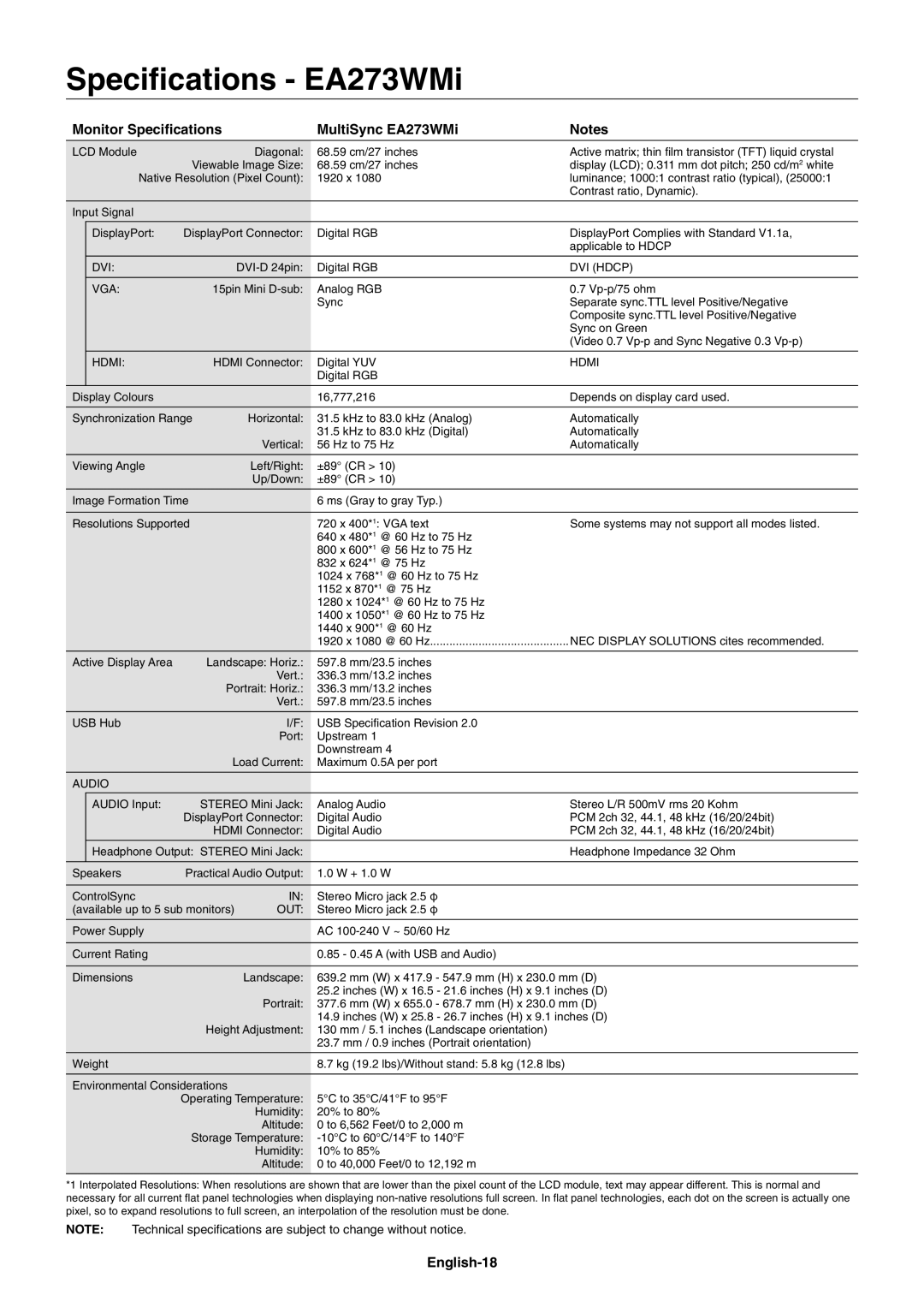 NEC EA244WMI-BK user manual Speciﬁcations EA273WMi, Monitor Speciﬁcations MultiSync EA273WMi, English-18 