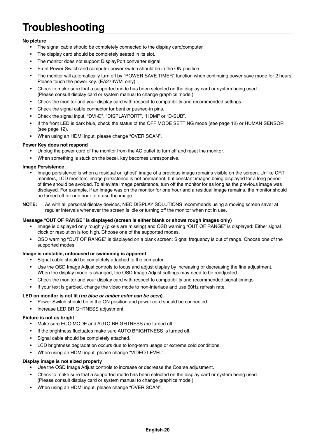 NEC EA244WMI-BK user manual Troubleshooting 