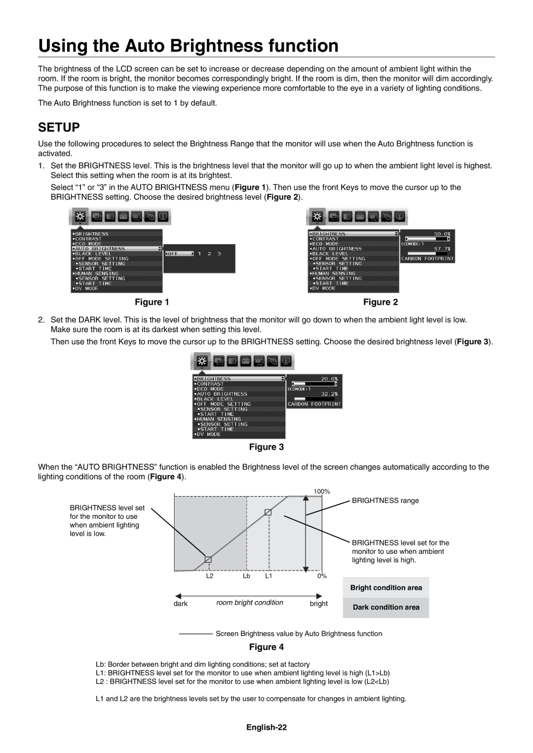 NEC EA244WMI-BK user manual Using the Auto Brightness function, English-22 