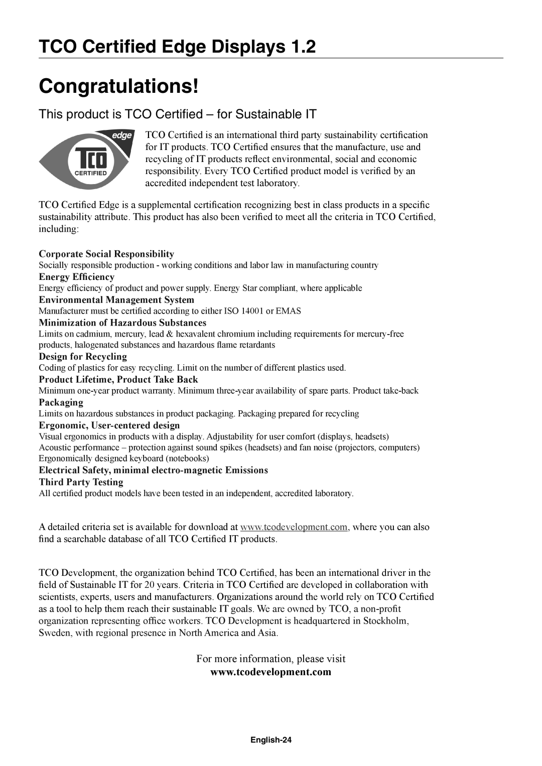 NEC EA244WMI-BK user manual TCO Certiﬁed Edge Displays, English-24 