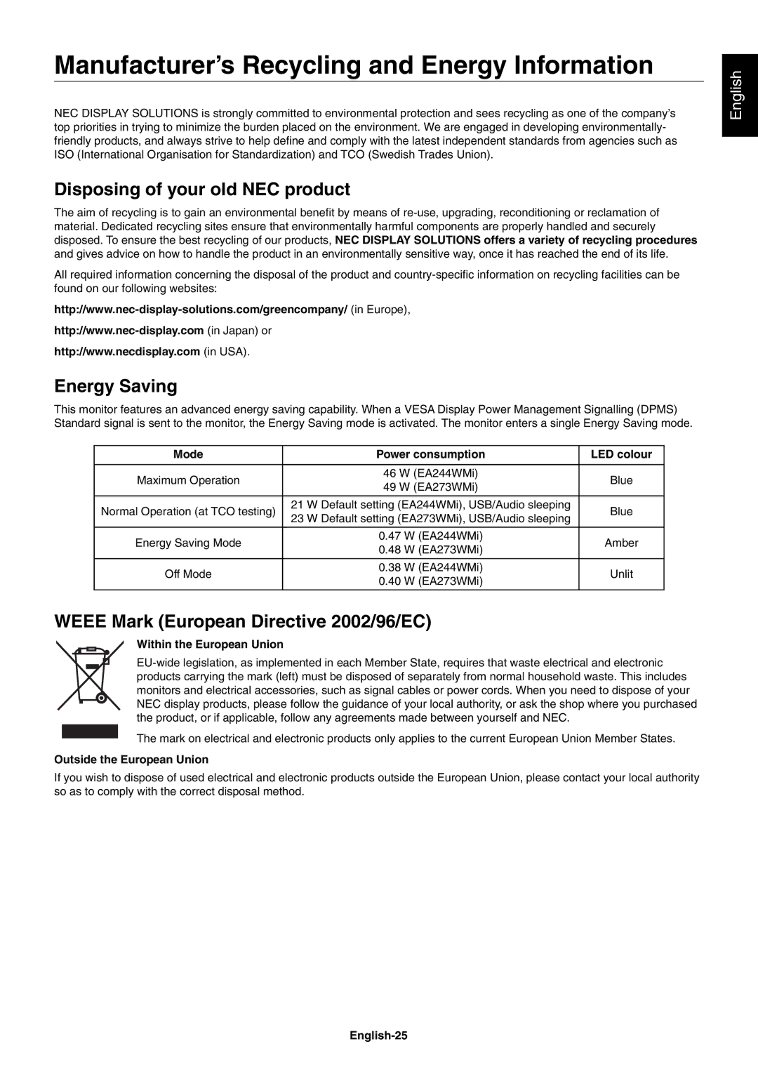 NEC EA244WMI-BK Manufacturer’s Recycling and Energy Information, Disposing of your old NEC product, Energy Saving 