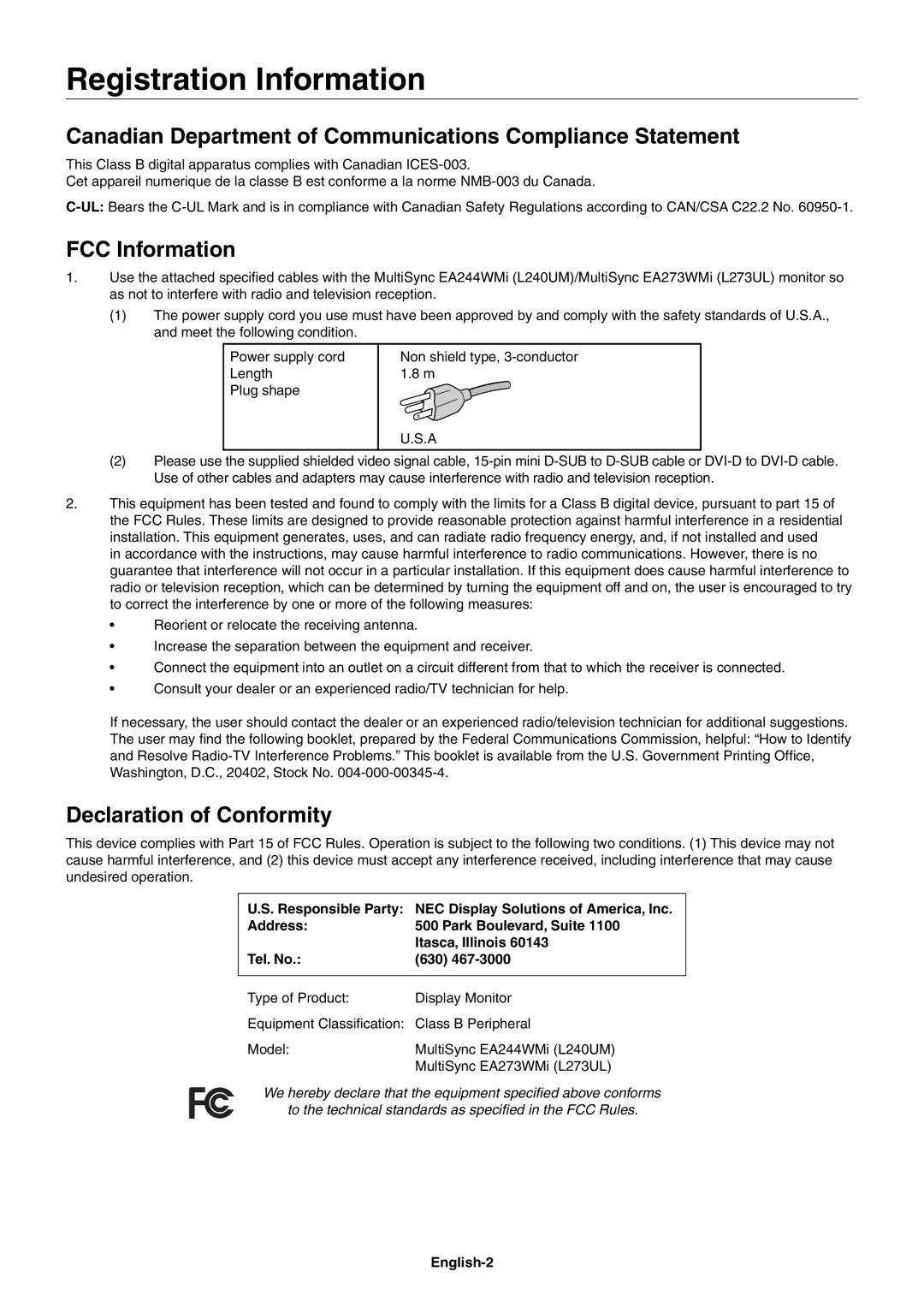 NEC EA244WMI-BK Registration Information, Canadian Department of Communications Compliance Statement, FCC Information 