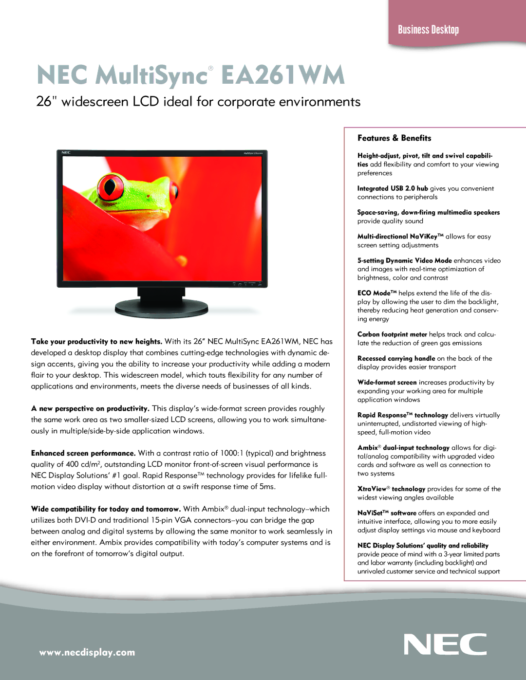 NEC EA261WM-BK warranty NEC MultiSync EA261WM, Widescreen LCD ideal for corporate environments, Features & Benefits 