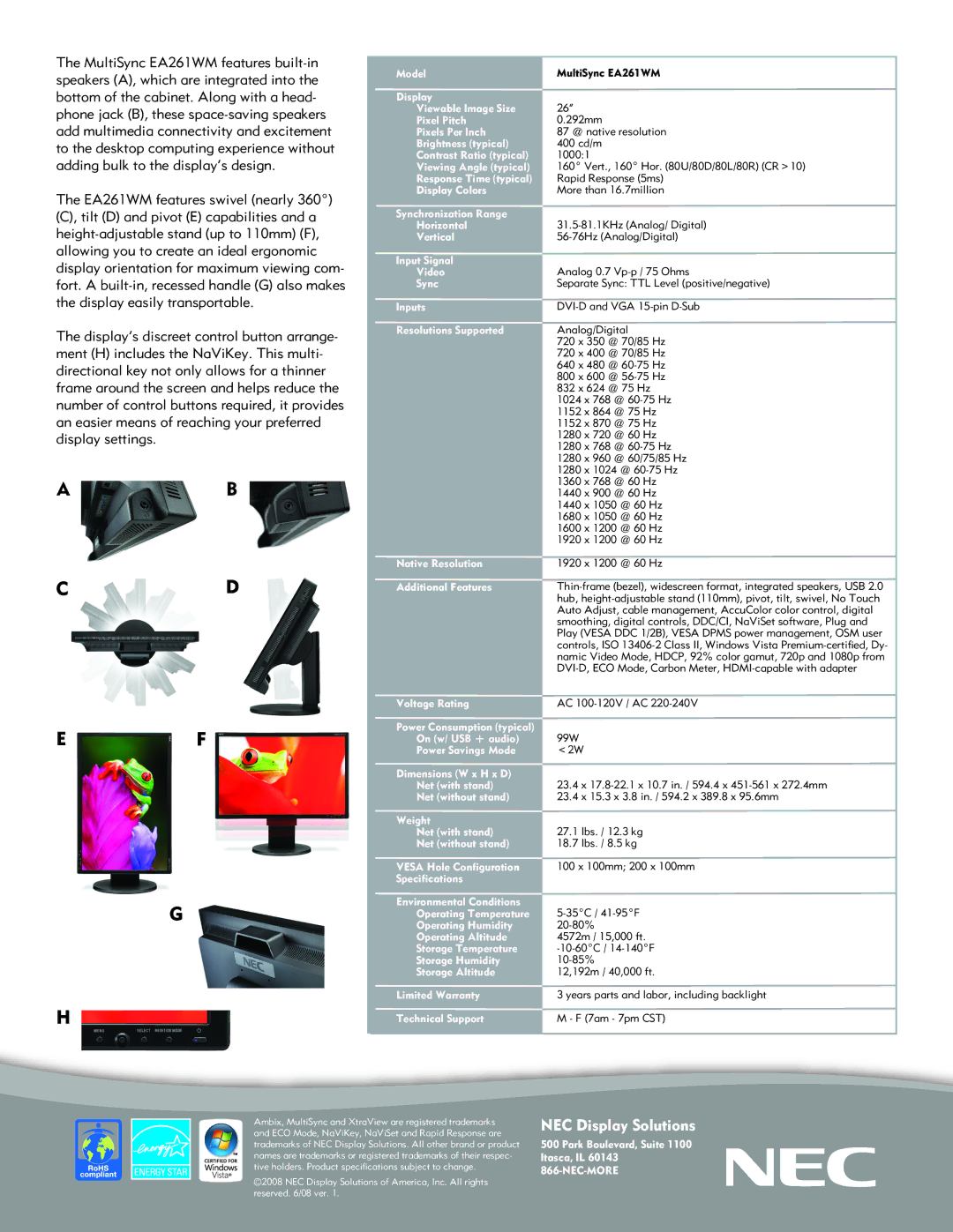 NEC EA261WM-BK Model, Display Viewable Image Size Pixel Pitch, Pixels Per Inch, Brightness typical, Contrast Ratio typical 